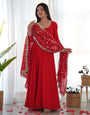 Colorful & Fresh Red Georgette Anarkali Gown with Dupatta & Pant Set.