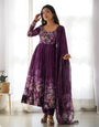 Georgette Stitched Floral Print Purple Anarkali Gown Kurta With Duppta Set