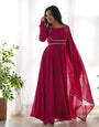 Pure Soft Lightweight Maroon Chiffon Flair Gown And Dupatta With Pent Set.