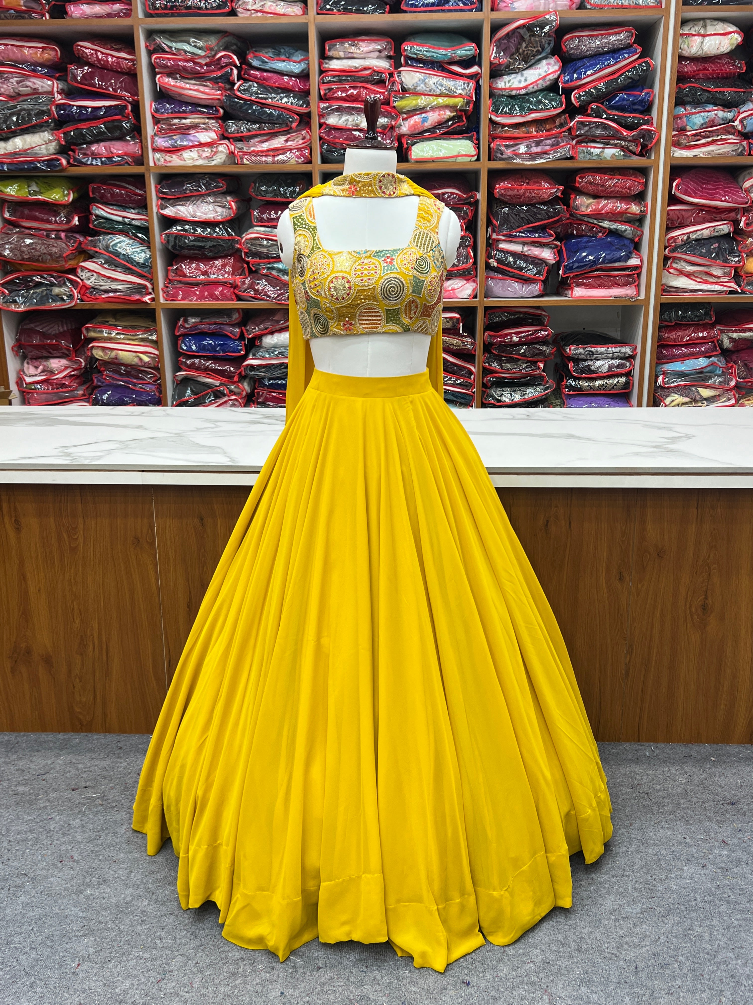 Elegant Yellow Georgette Lehenga Choli Set with Fancy Blouse & Dupatta
