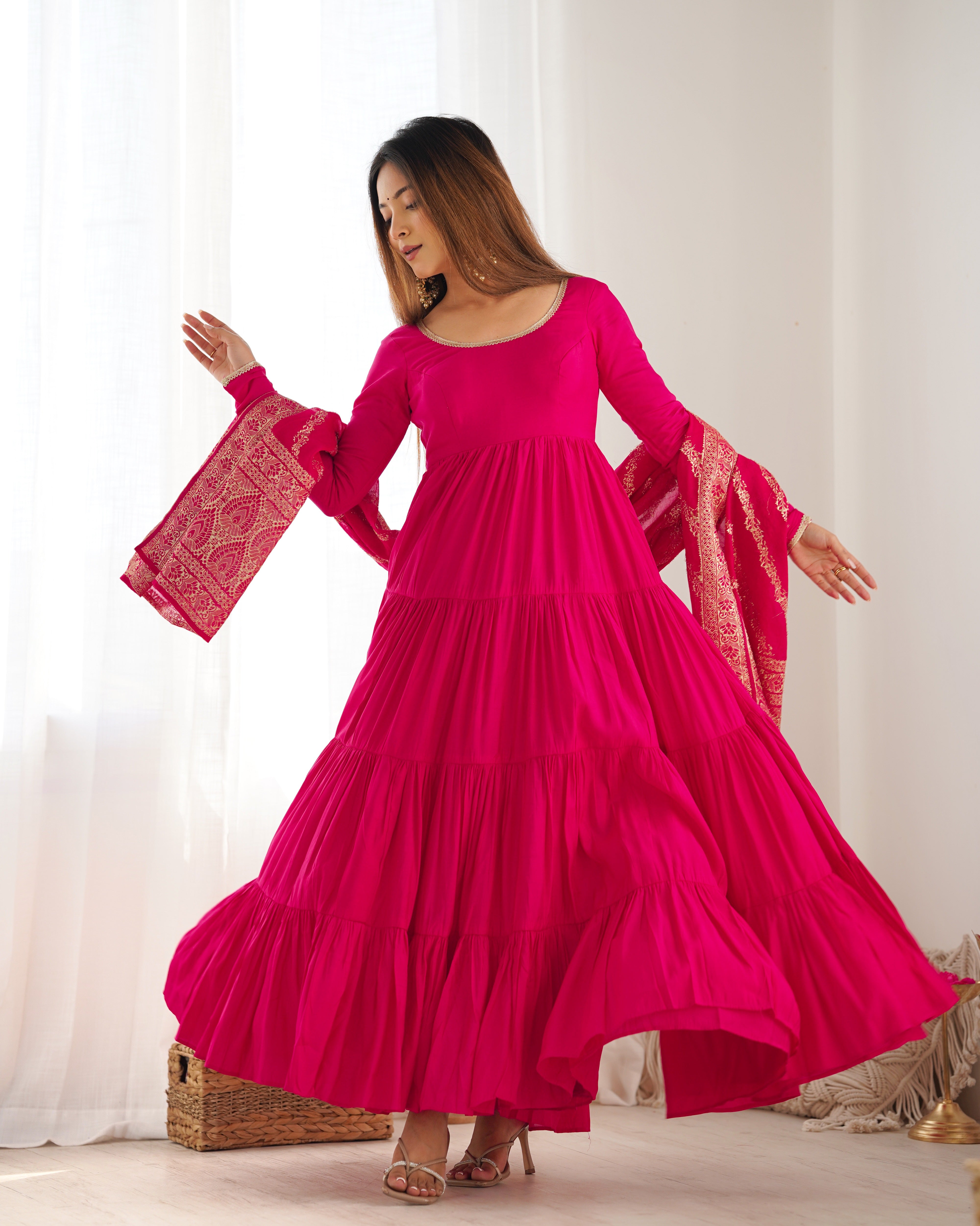 Colorful & Fresh Pure Romansilk Chanderi Fully Flair Anarkali with Dupatta Pant Set