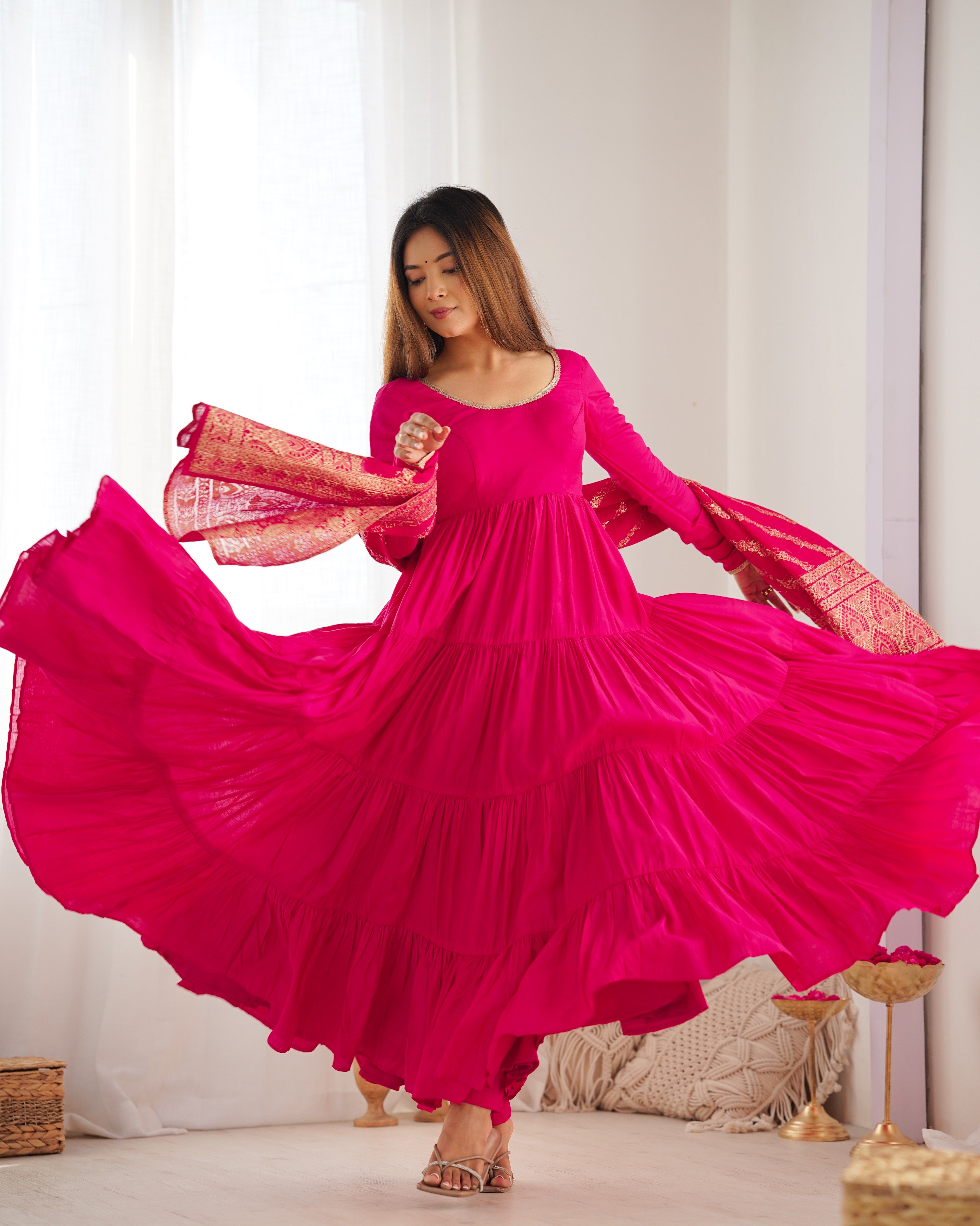 Colorful & Fresh Pure Romansilk Chanderi Fully Flair Anarkali with Dupatta Pant Set