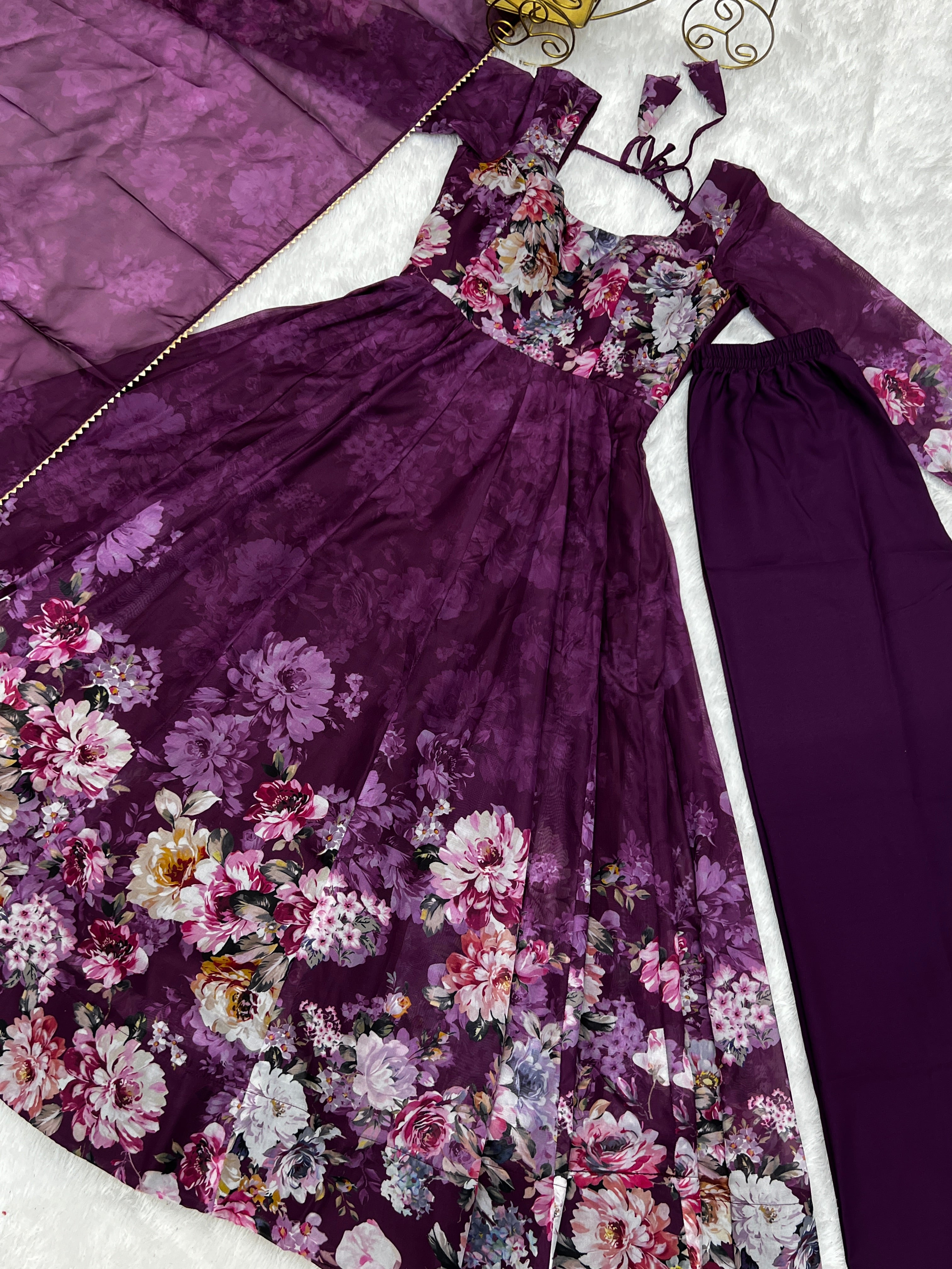 Georgette Stitched Floral Print Purple Anarkali Gown Kurta With Duppta Set