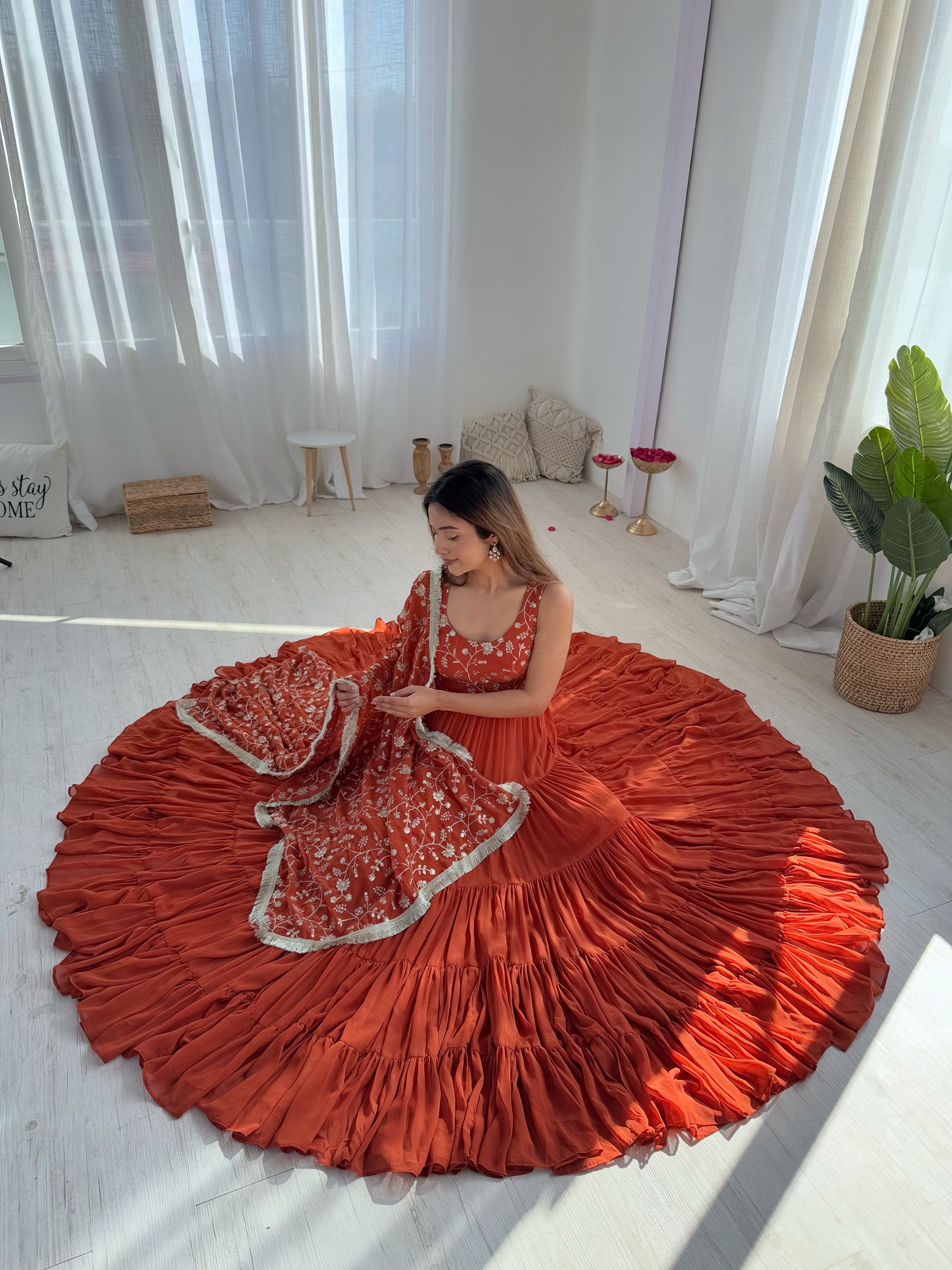 Elegant Fox Georgette Orange Anarkali with Dupatta & Pants  Perfect for Weddings & Festivities