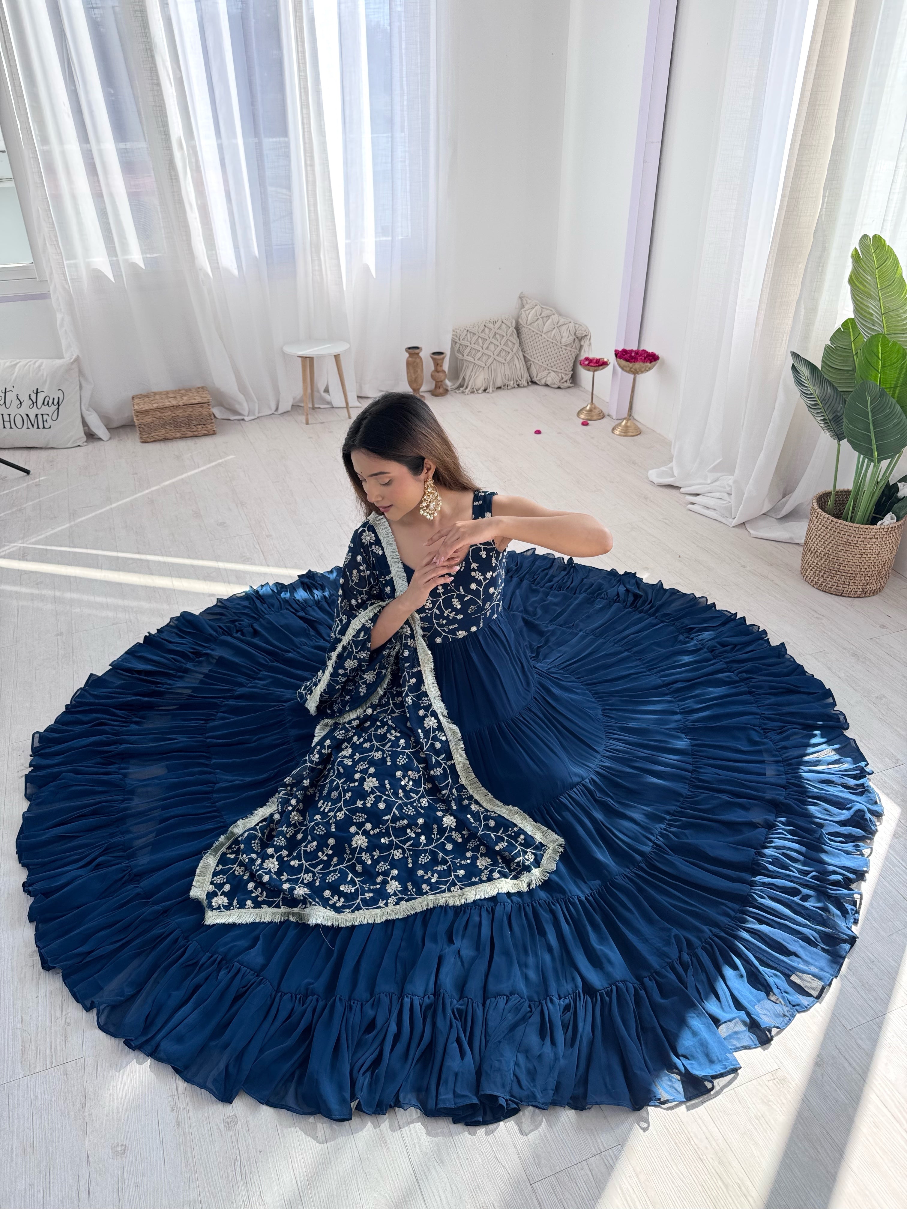 Elegant Fox Georgette Blue Anarkali with Dupatta & Pants  Perfect for Weddings & Festivities