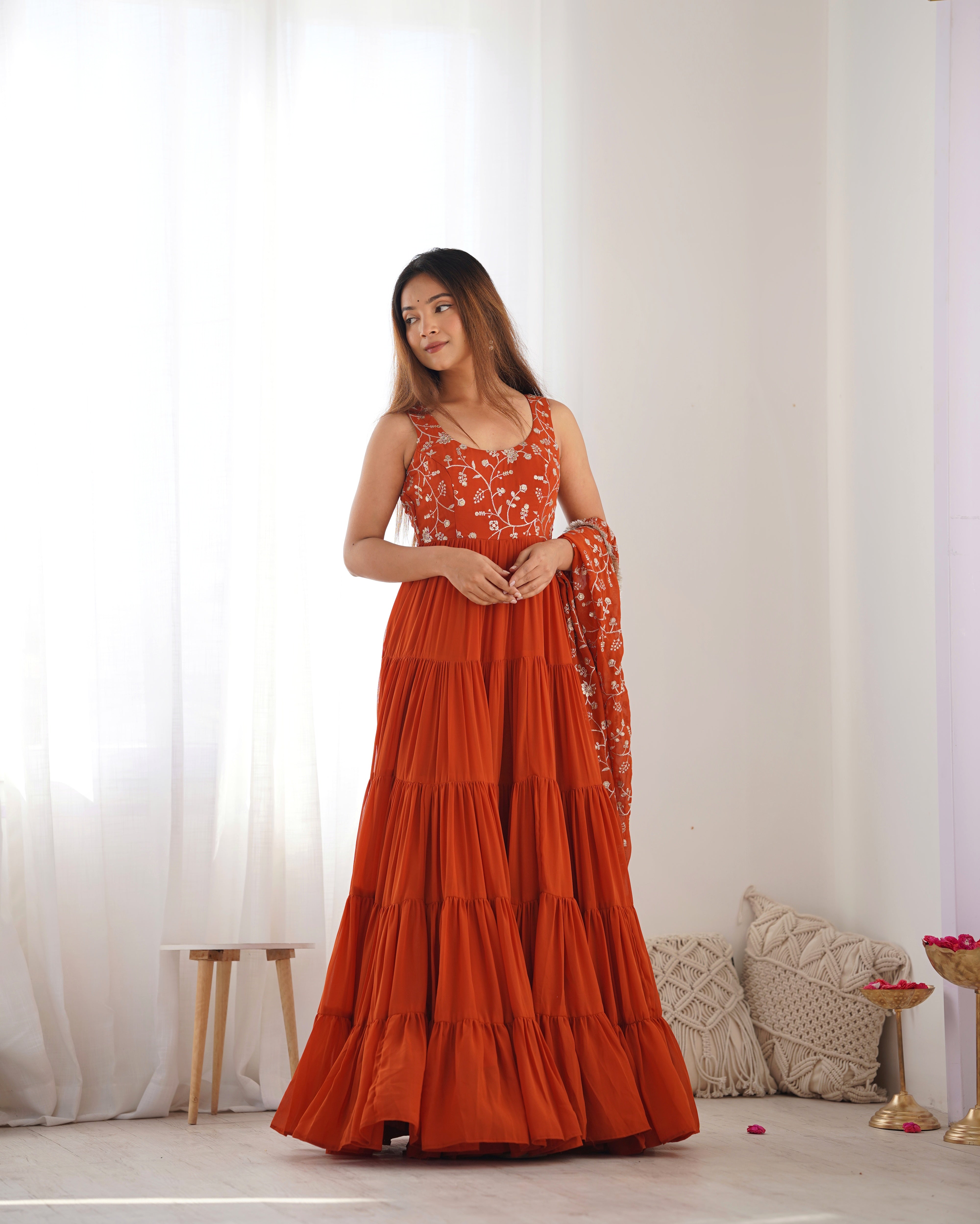 Elegant Fox Georgette Orange Anarkali with Dupatta & Pants  Perfect for Weddings & Festivities