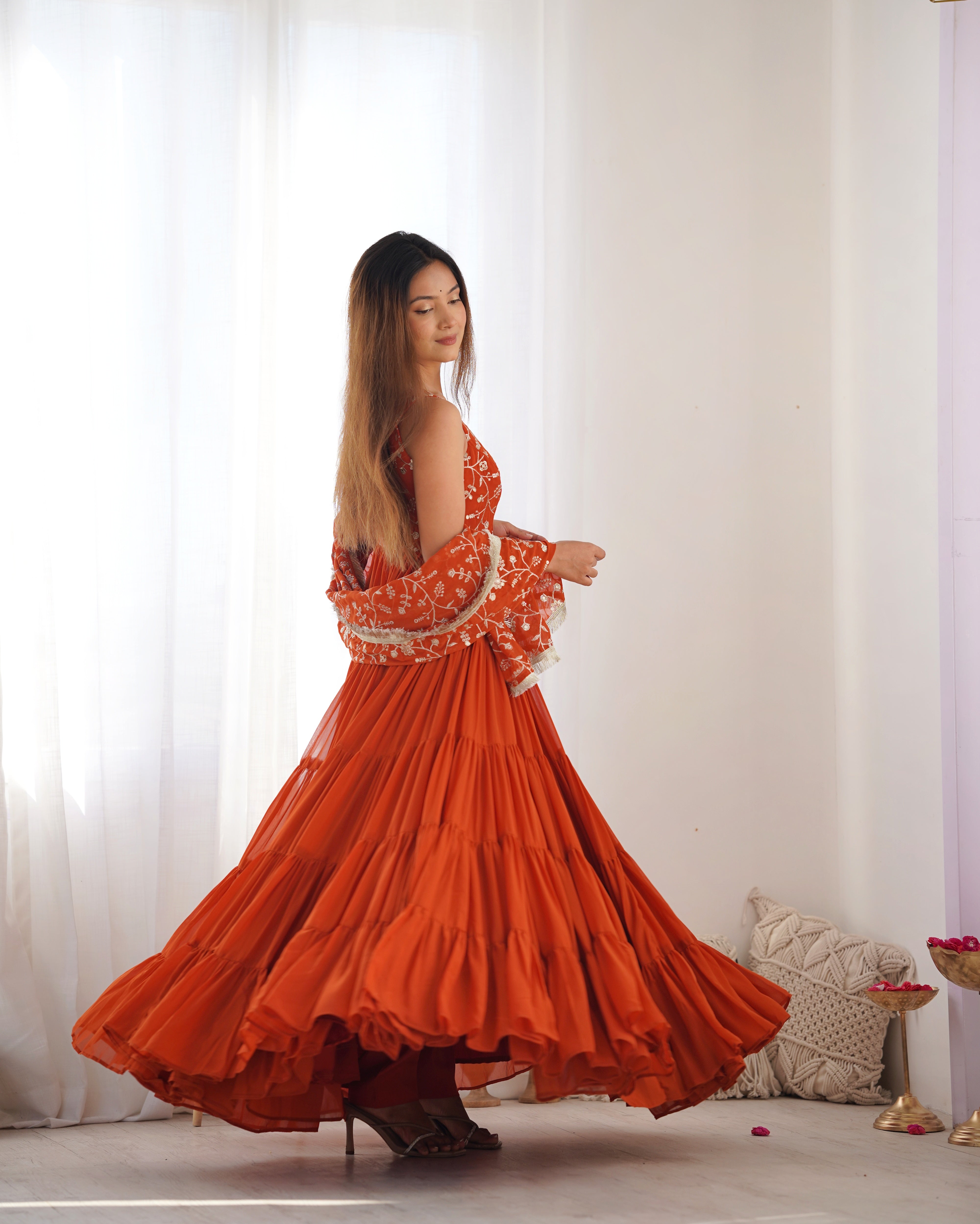 Elegant Fox Georgette Orange Anarkali with Dupatta & Pants  Perfect for Weddings & Festivities