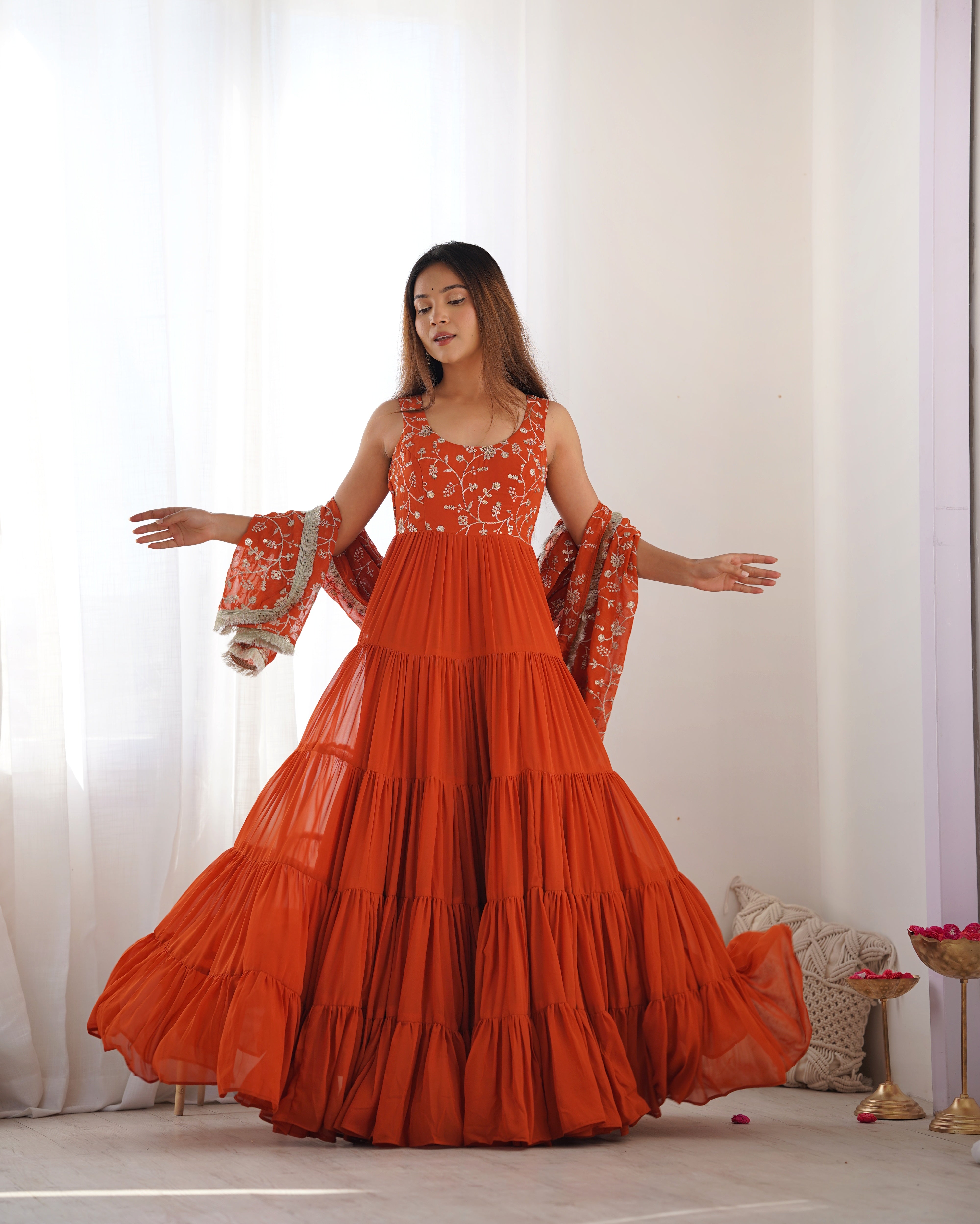 Elegant Fox Georgette Orange Anarkali with Dupatta & Pants  Perfect for Weddings & Festivities