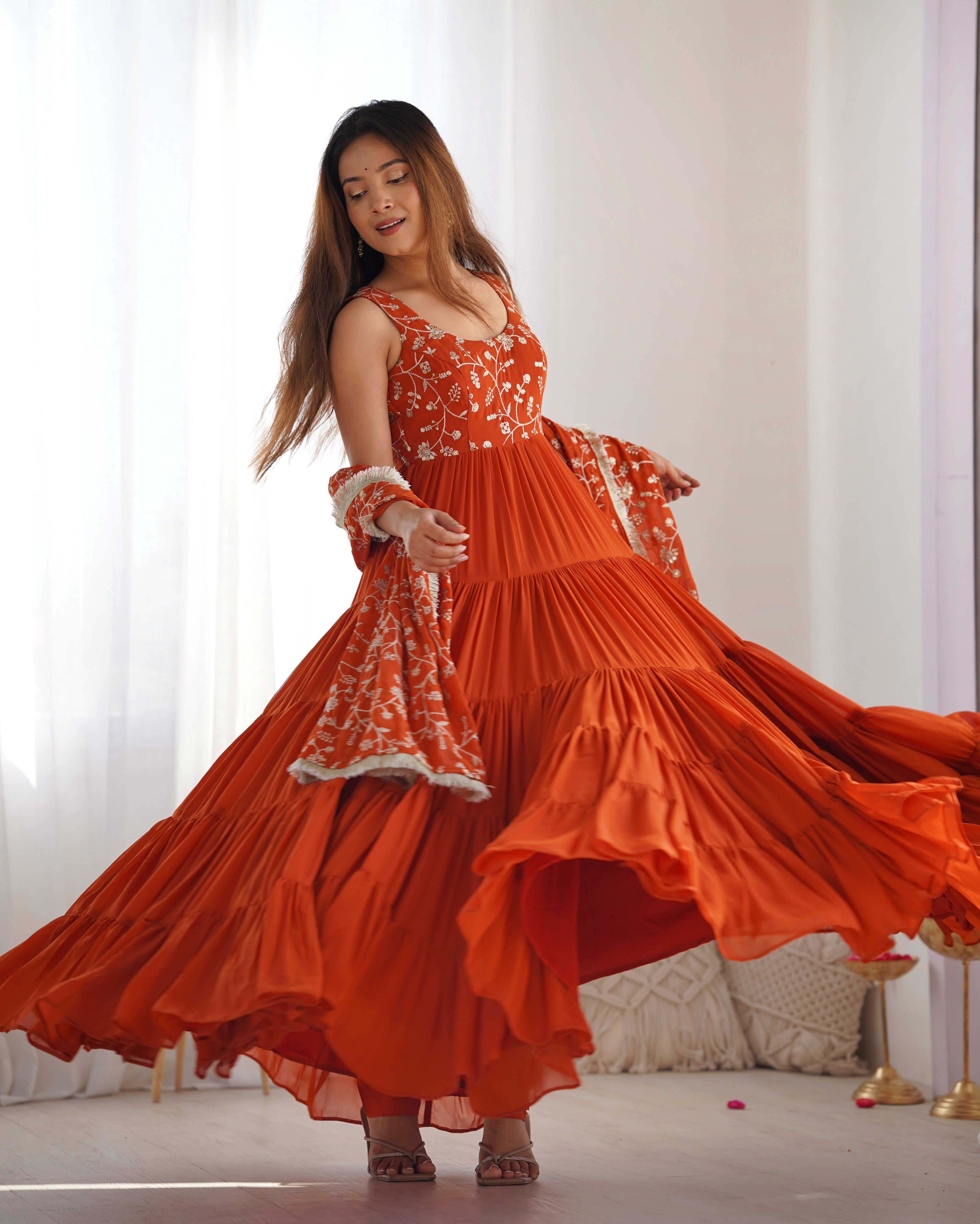 Elegant Fox Georgette Orange Anarkali with Dupatta & Pants  Perfect for Weddings & Festivities