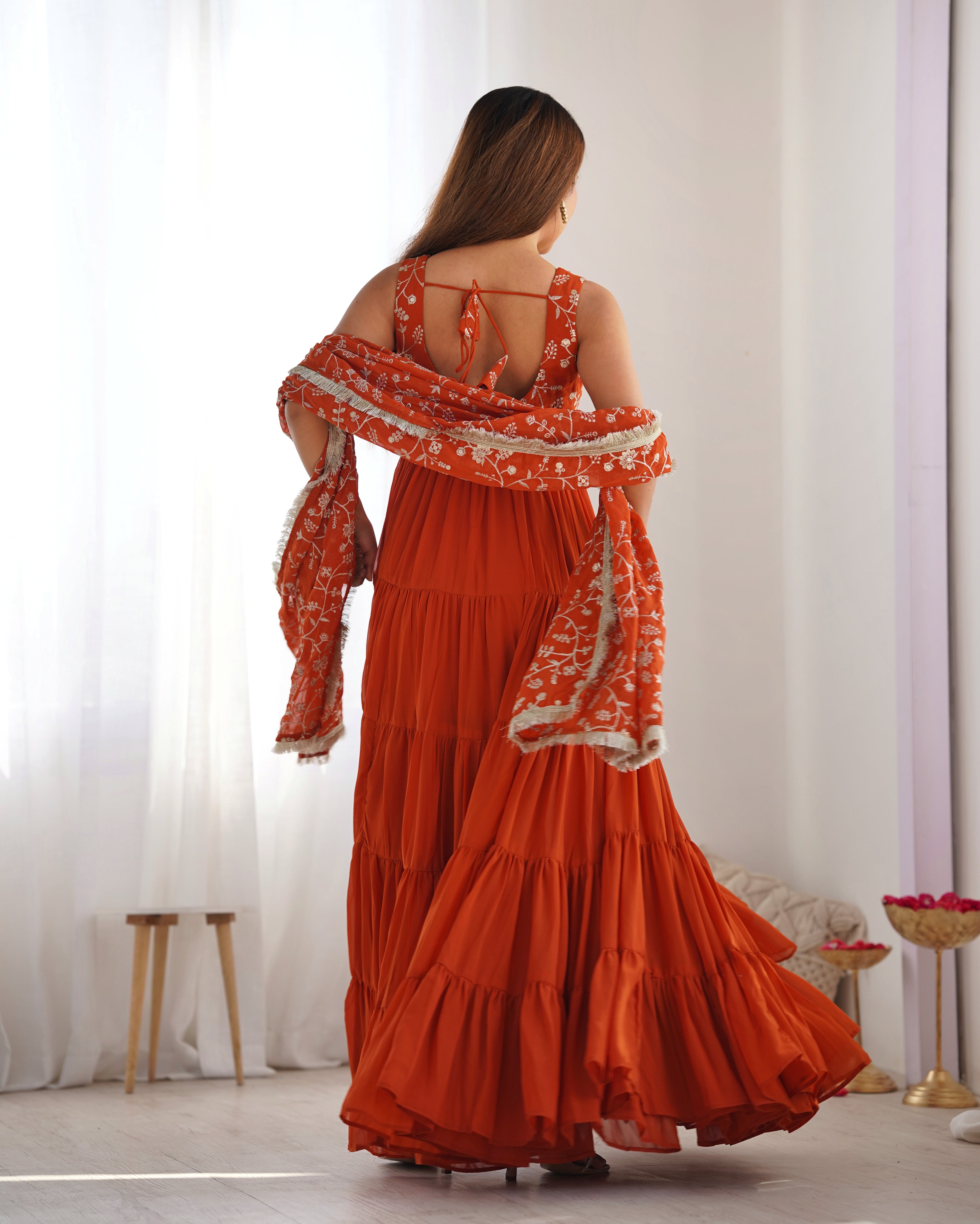 Elegant Fox Georgette Orange Anarkali with Dupatta & Pants  Perfect for Weddings & Festivities