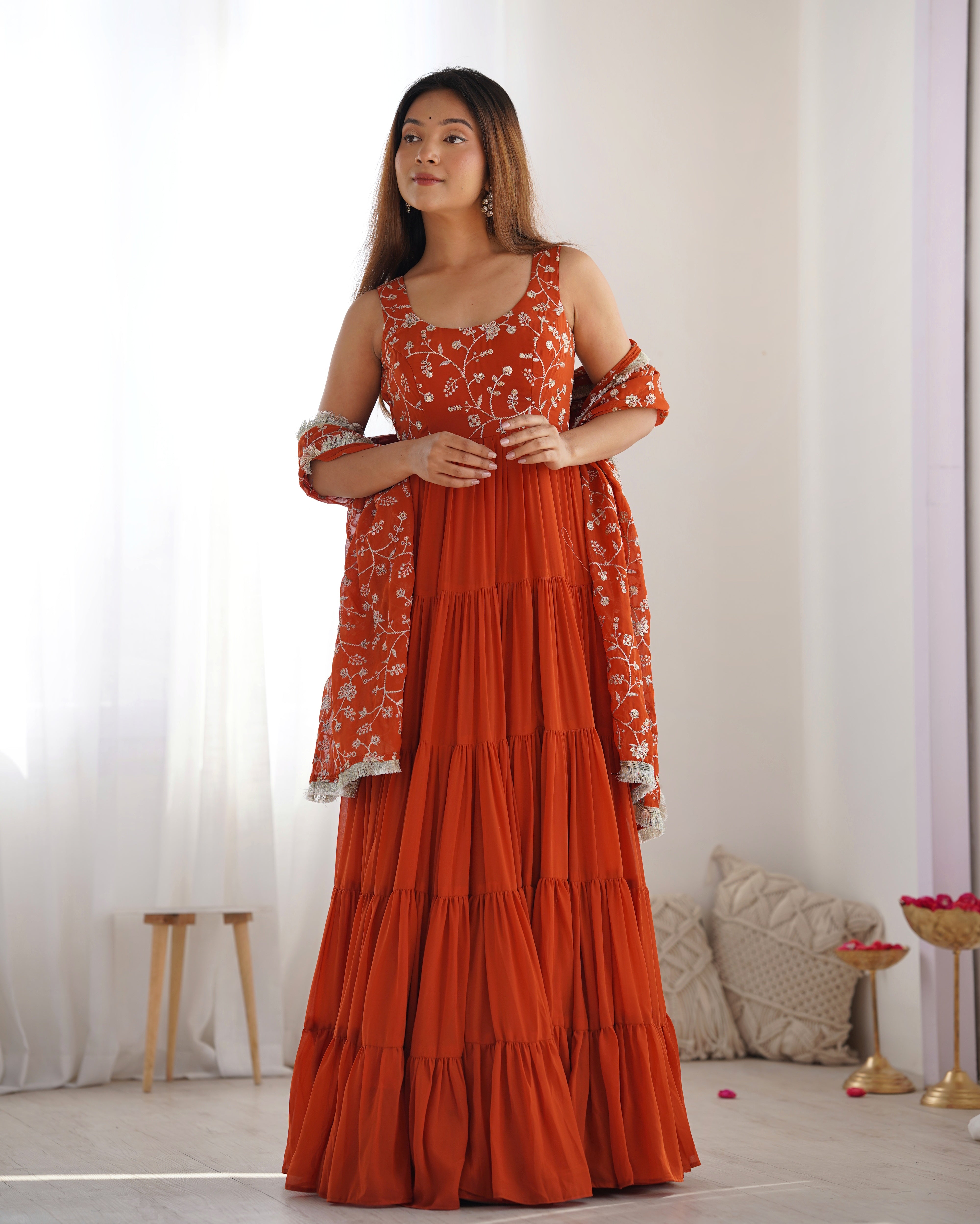 Elegant Fox Georgette Orange Anarkali with Dupatta & Pants  Perfect for Weddings & Festivities