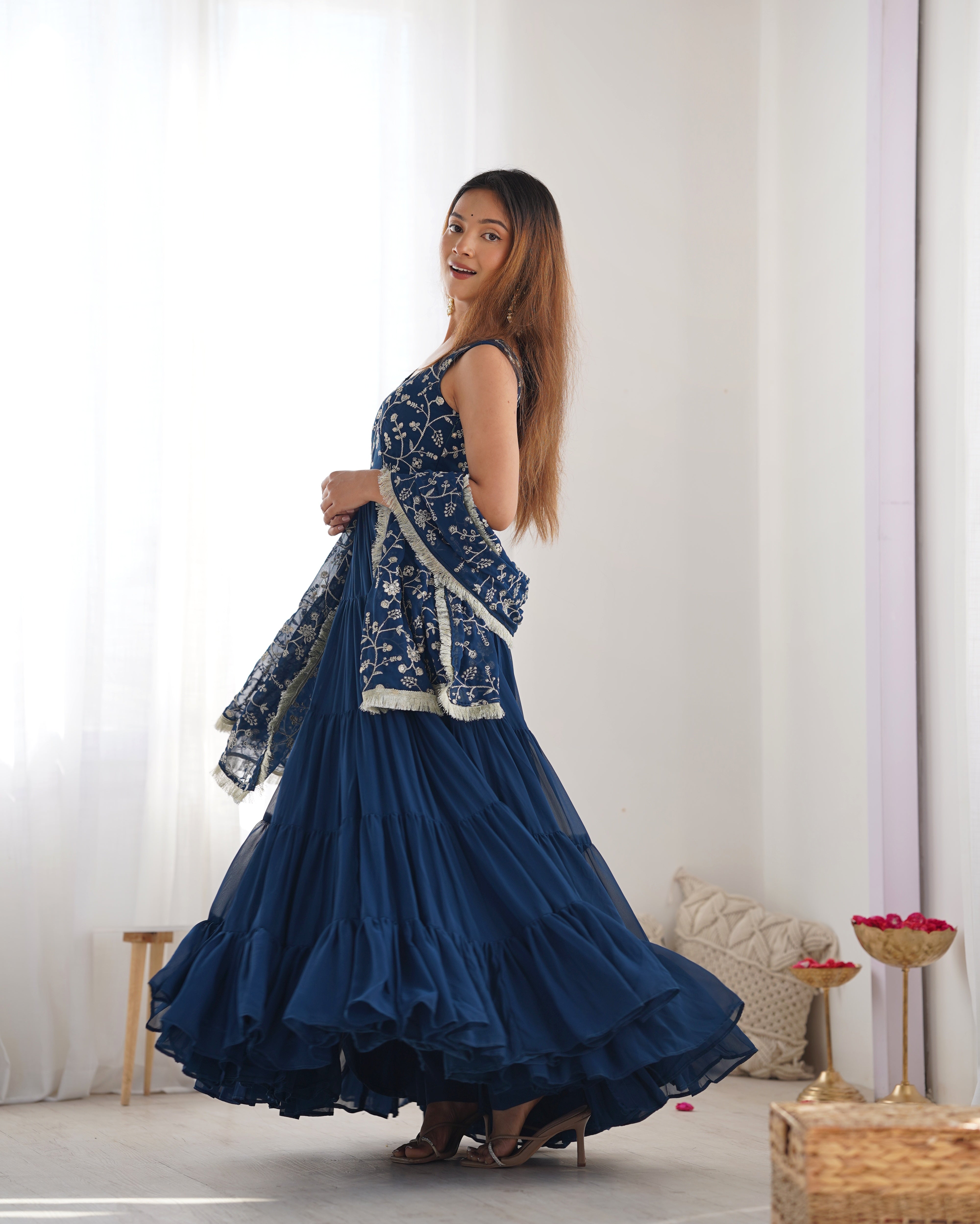 Elegant Fox Georgette Blue Anarkali with Dupatta & Pants  Perfect for Weddings & Festivities