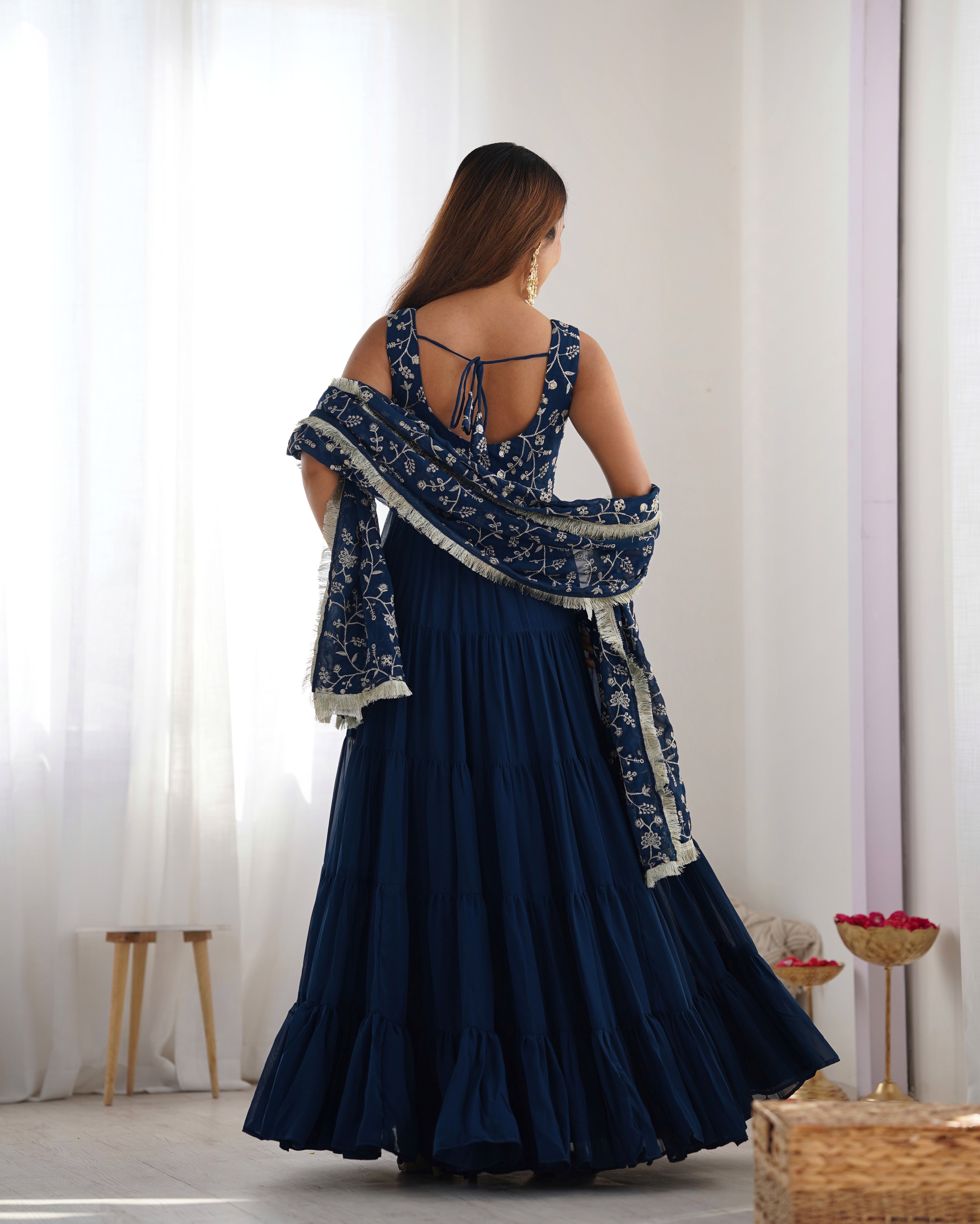 Elegant Fox Georgette Blue Anarkali with Dupatta & Pants  Perfect for Weddings & Festivities