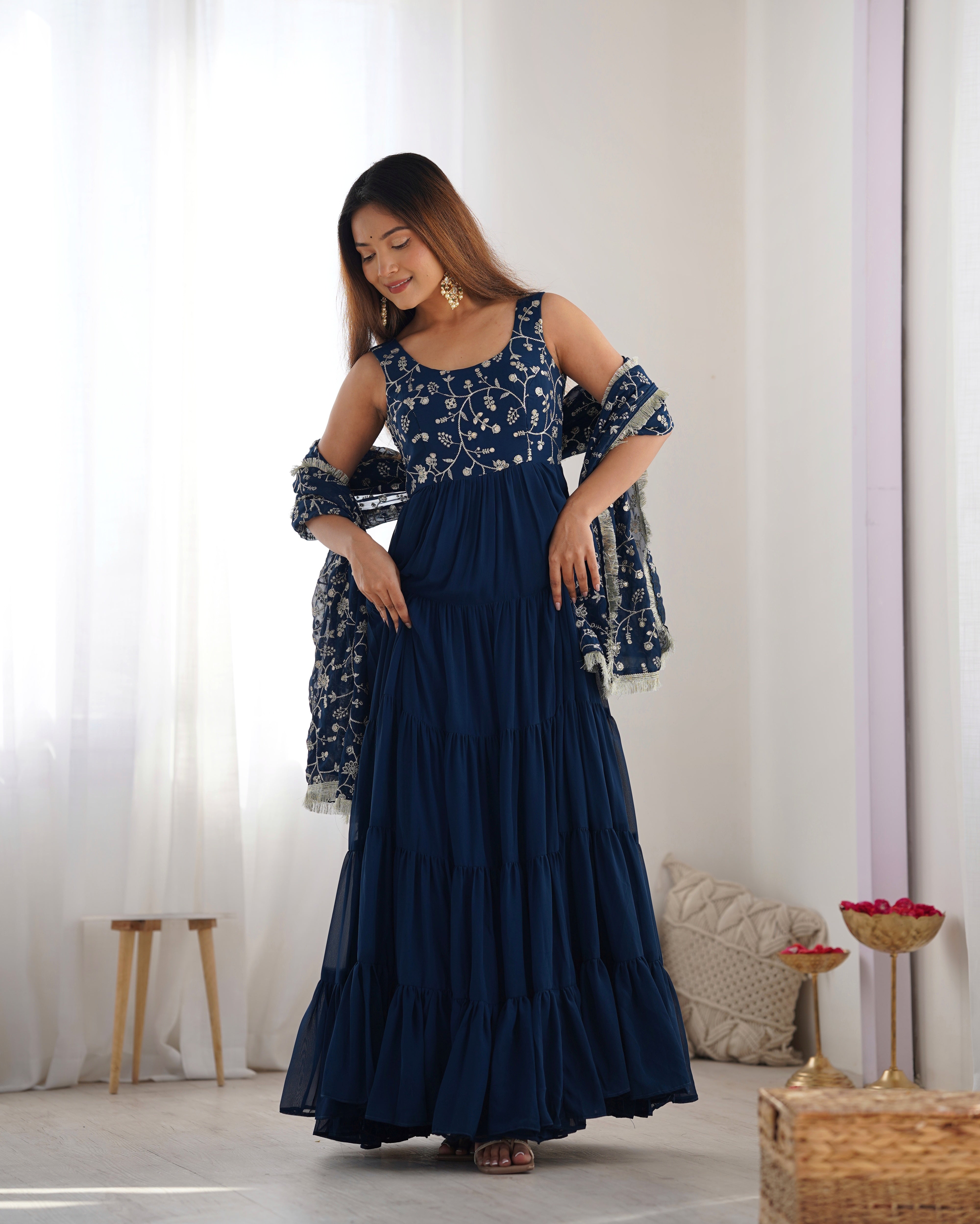 Elegant Fox Georgette Blue Anarkali with Dupatta & Pants  Perfect for Weddings & Festivities