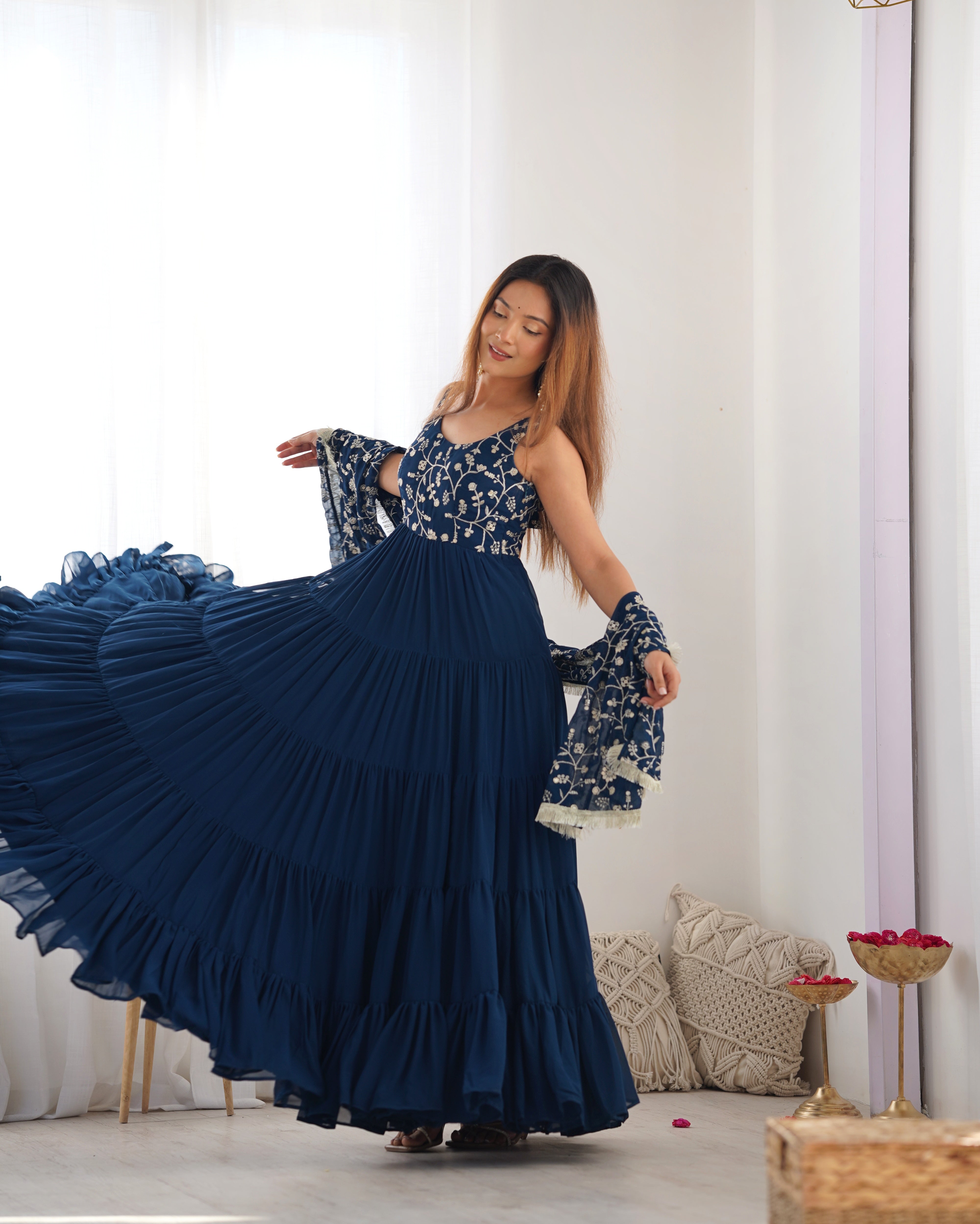 Elegant Fox Georgette Blue Anarkali with Dupatta & Pants  Perfect for Weddings & Festivities