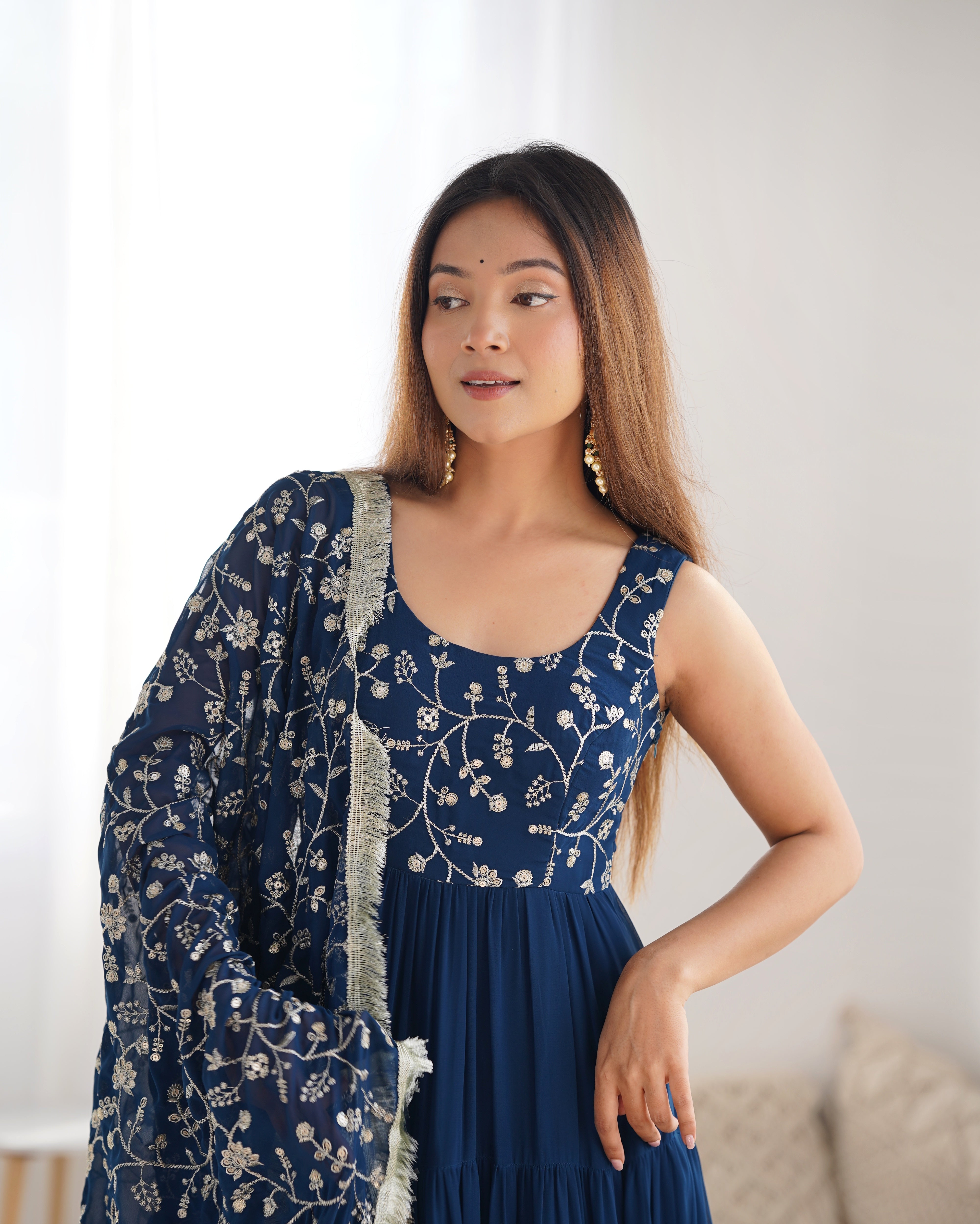 Elegant Fox Georgette Blue Anarkali with Dupatta & Pants  Perfect for Weddings & Festivities