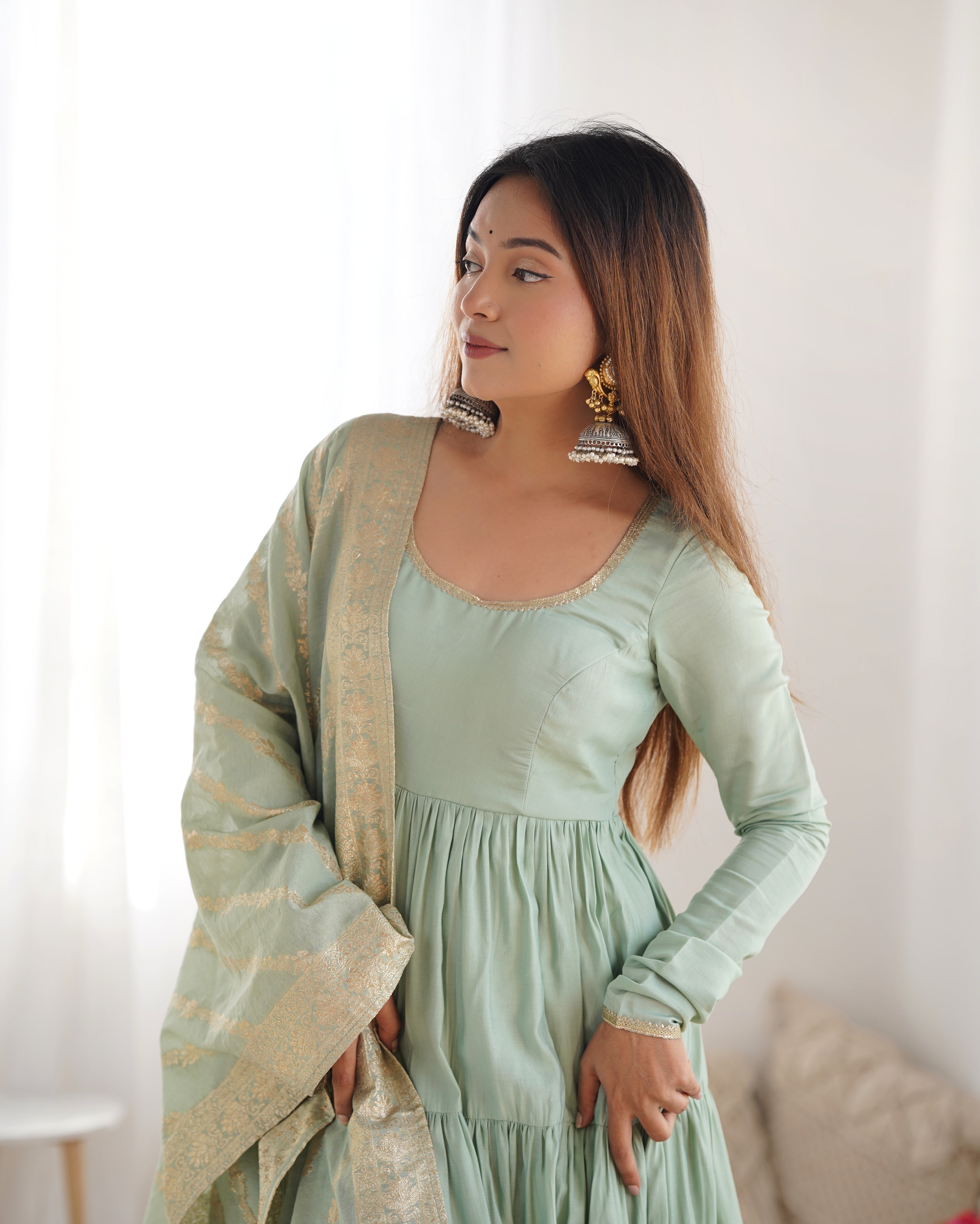 Colorful & Fresh Pure Romansilk Chanderi Flair Anarkali with Dupatta & Pant Set