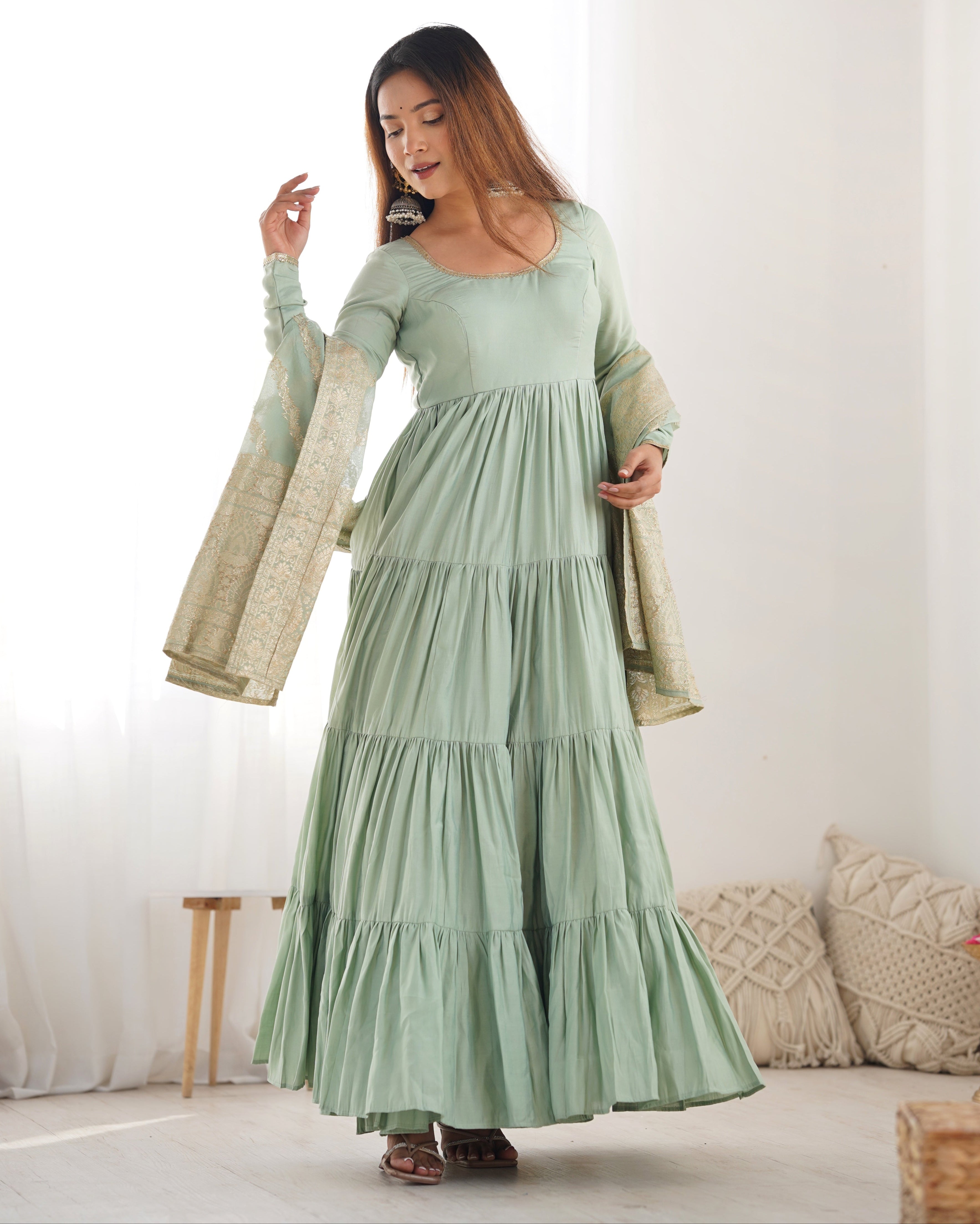 Colorful & Fresh Pure Romansilk Chanderi Flair Anarkali with Dupatta & Pant Set