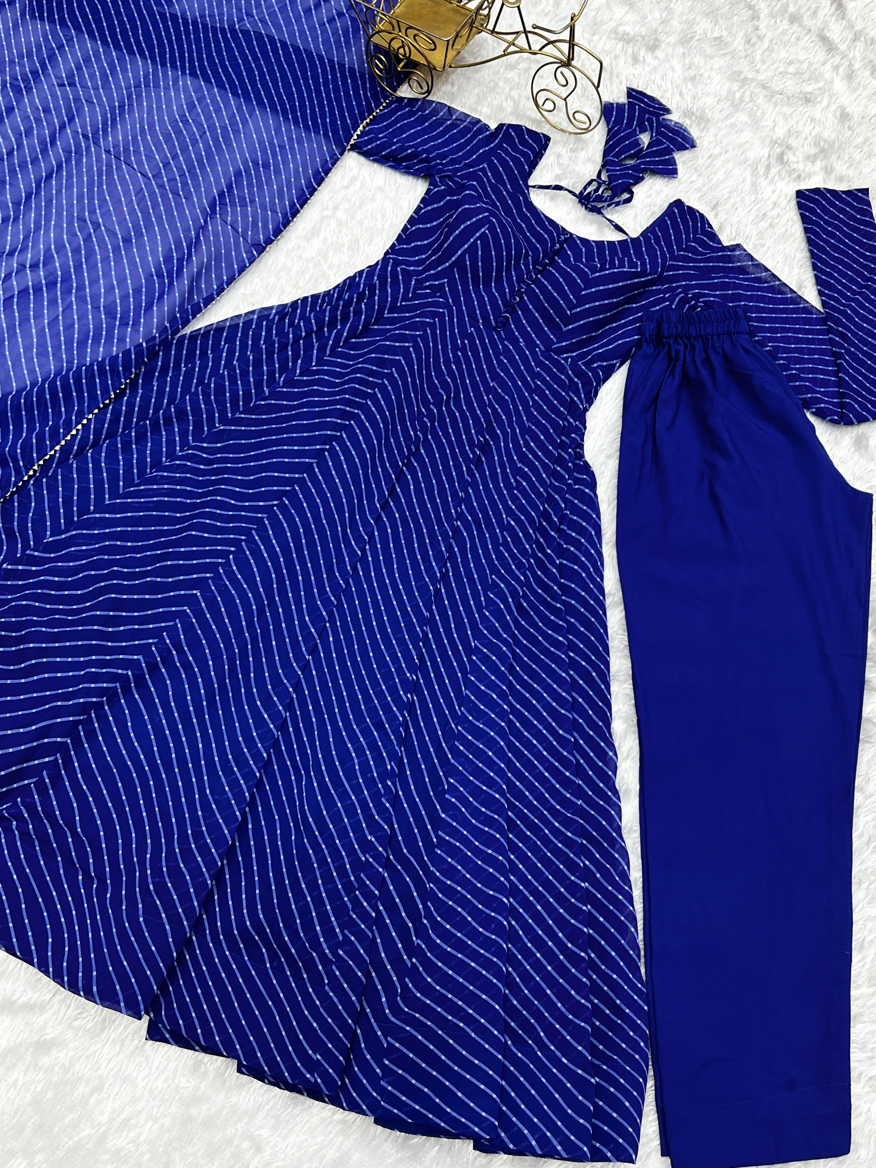 Georgette Leheriya Pattern Royal Blue Stitched Anarkali Gown Kurta With Duppta Set