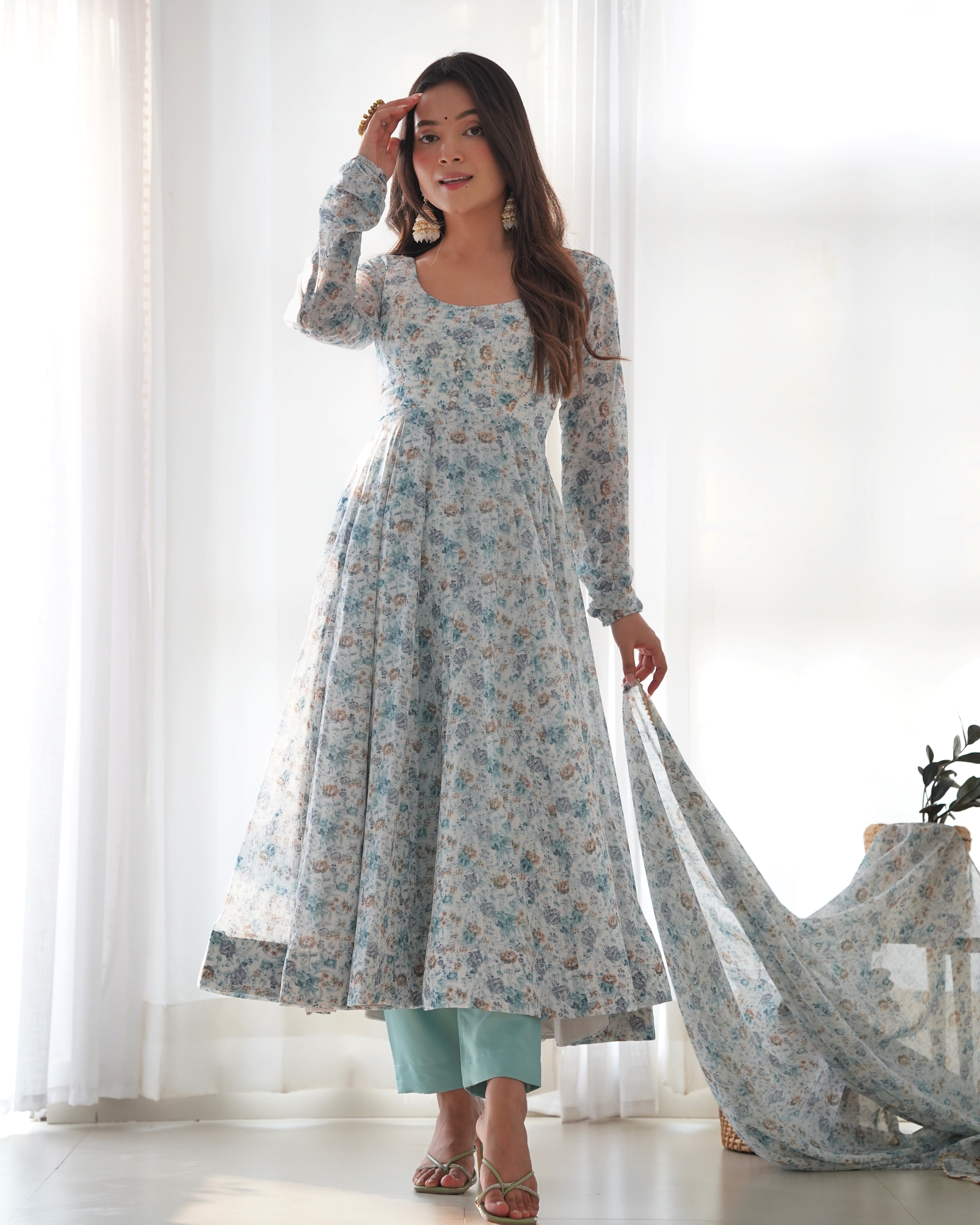 Pure Grey Chiffon Floral Print Fabric Fully Flair Anarkali With Duppta Set