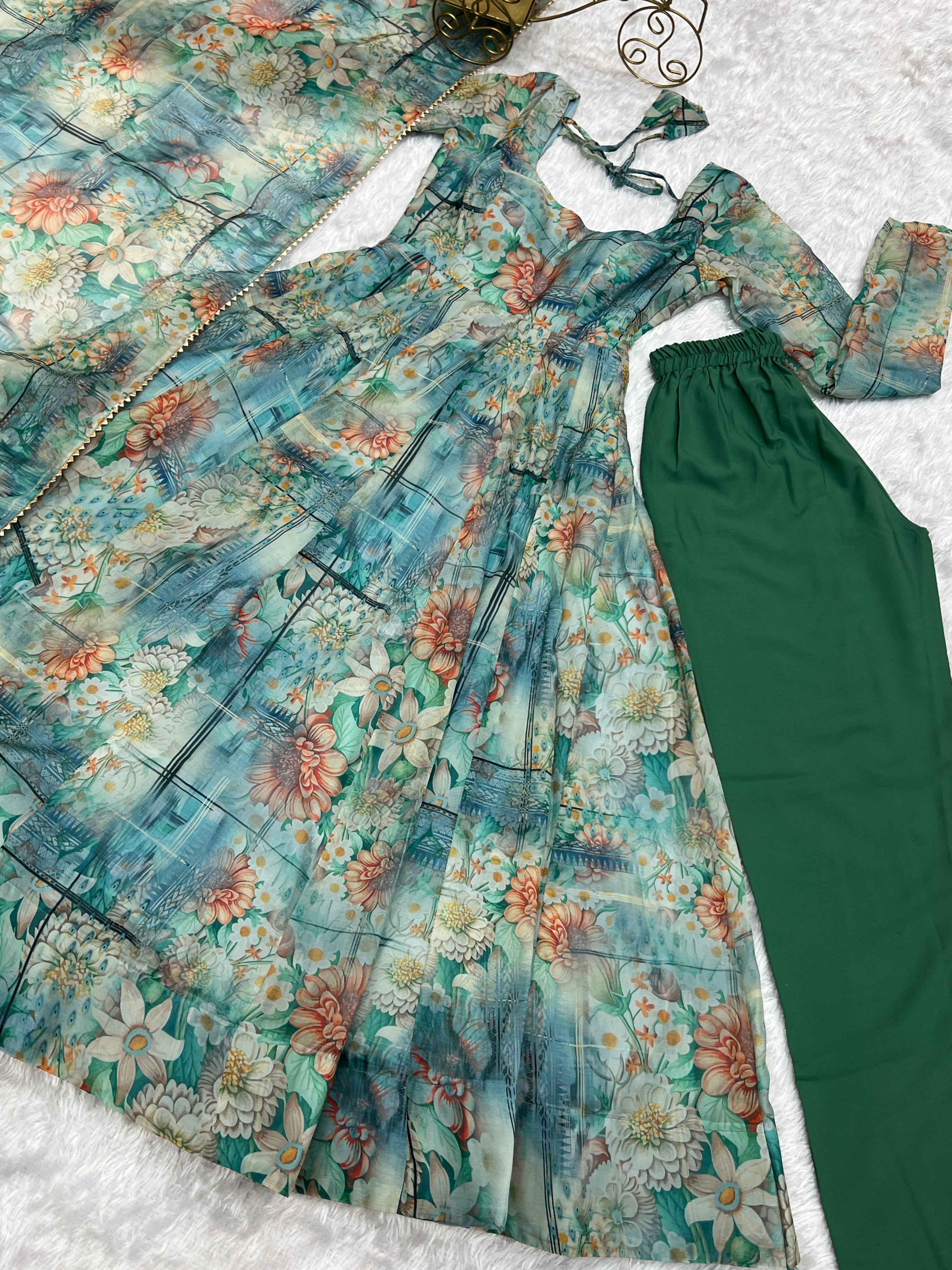 Georgette Multi Flower Print Stitched Anarkali Gown Kurta With Duppta Set.