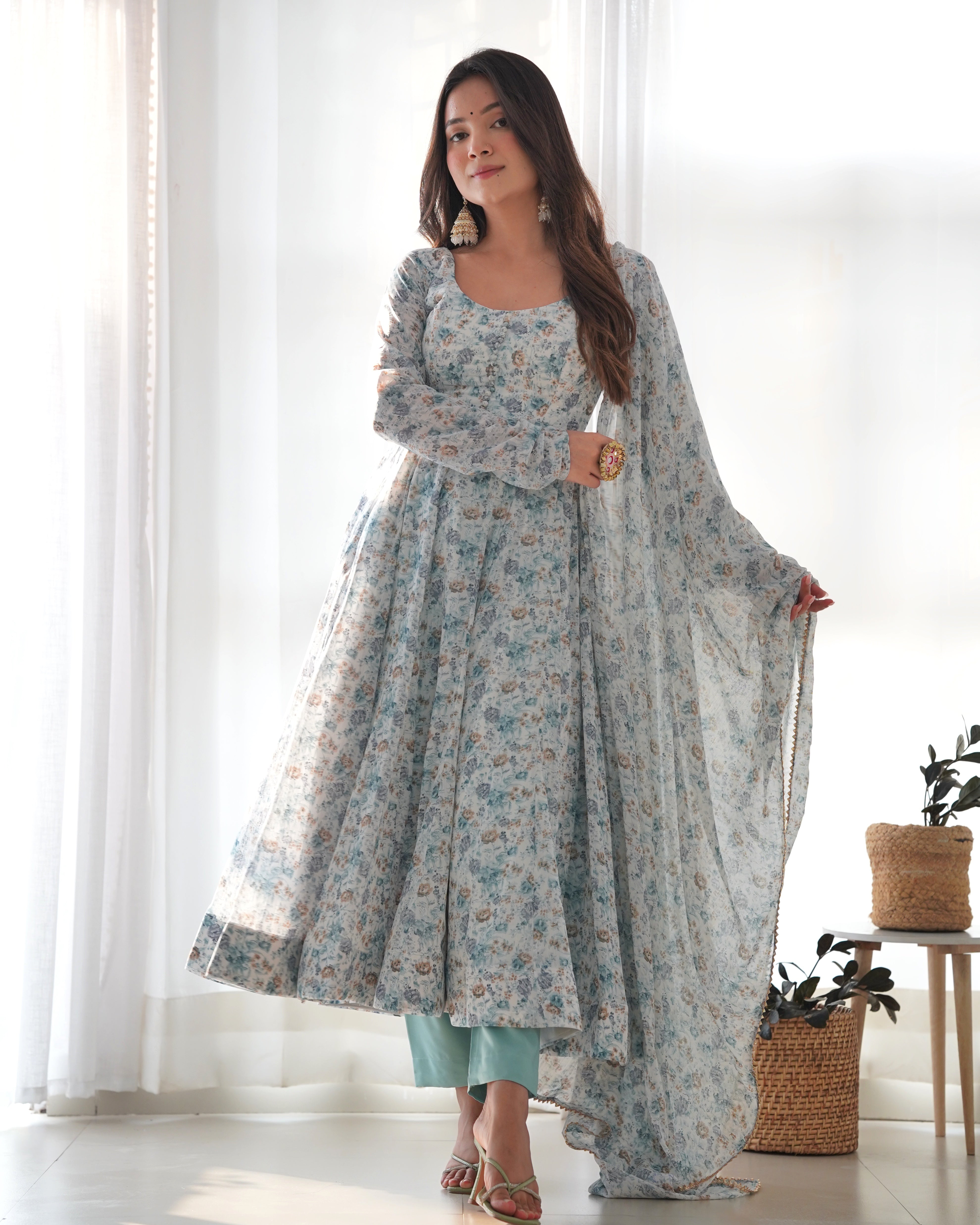 Pure Grey Chiffon Floral Print Fabric Fully Flair Anarkali With Duppta Set