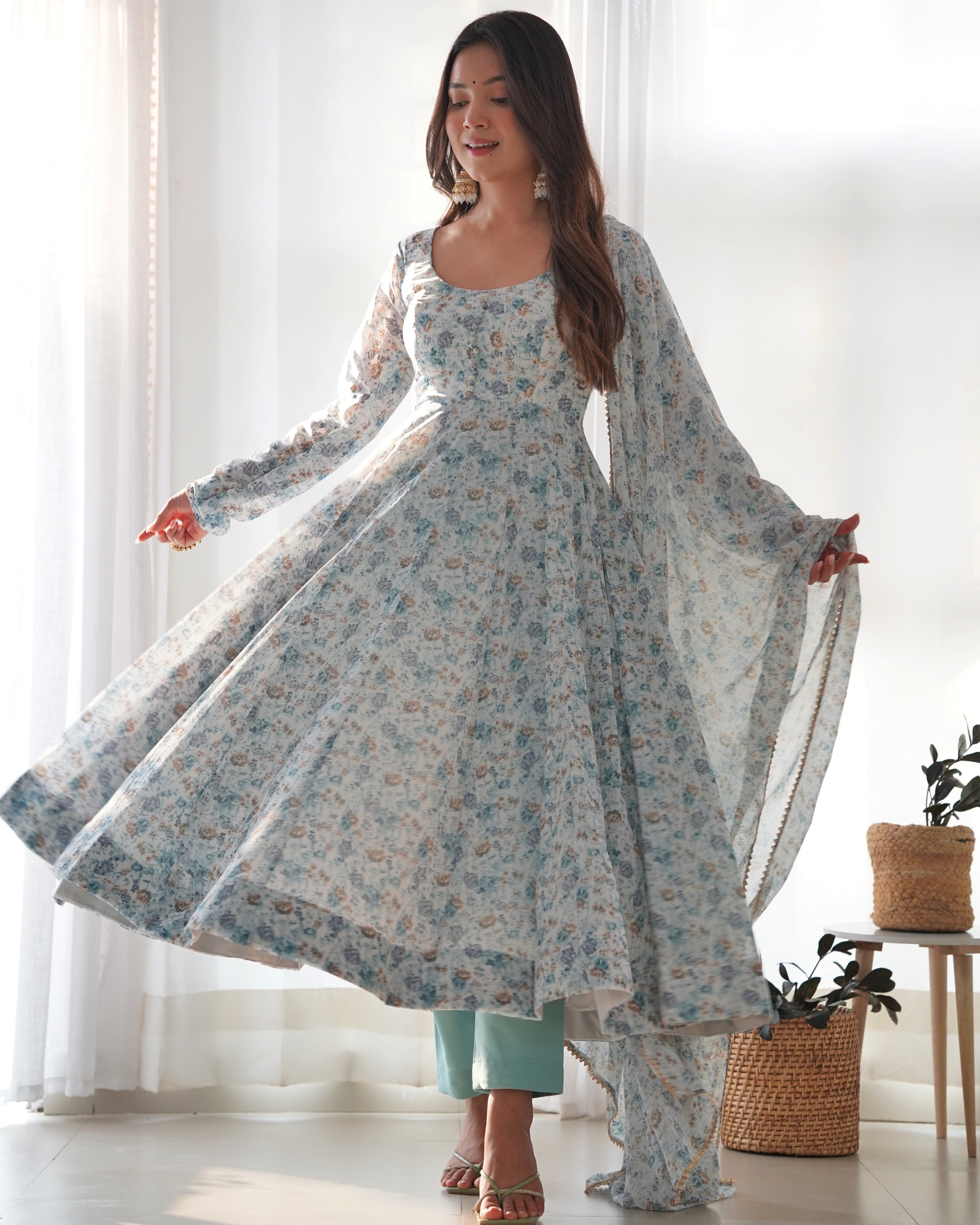 Pure Grey Chiffon Floral Print Fabric Fully Flair Anarkali With Duppta Set