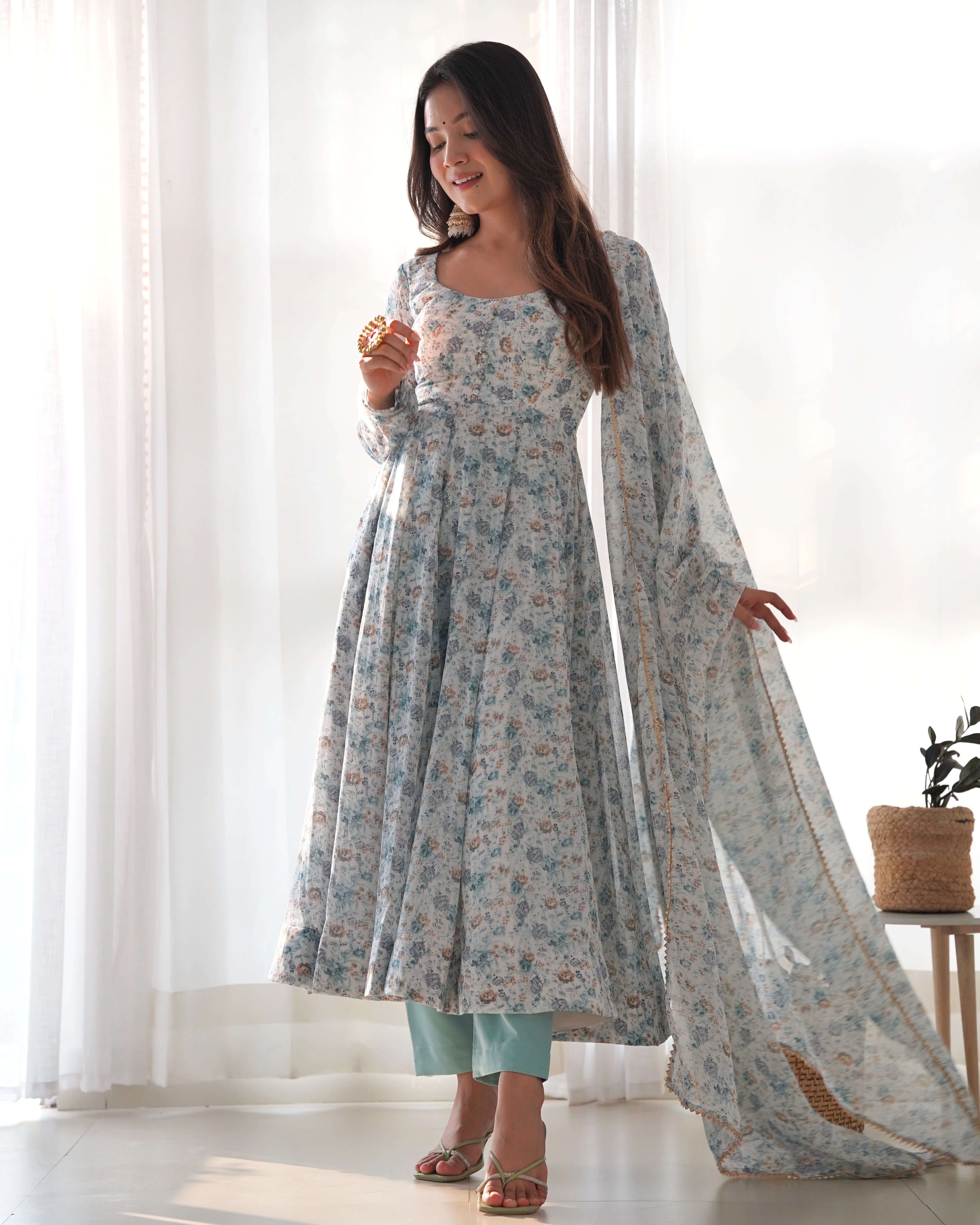 Pure Grey Chiffon Floral Print Fabric Fully Flair Anarkali With Duppta Set