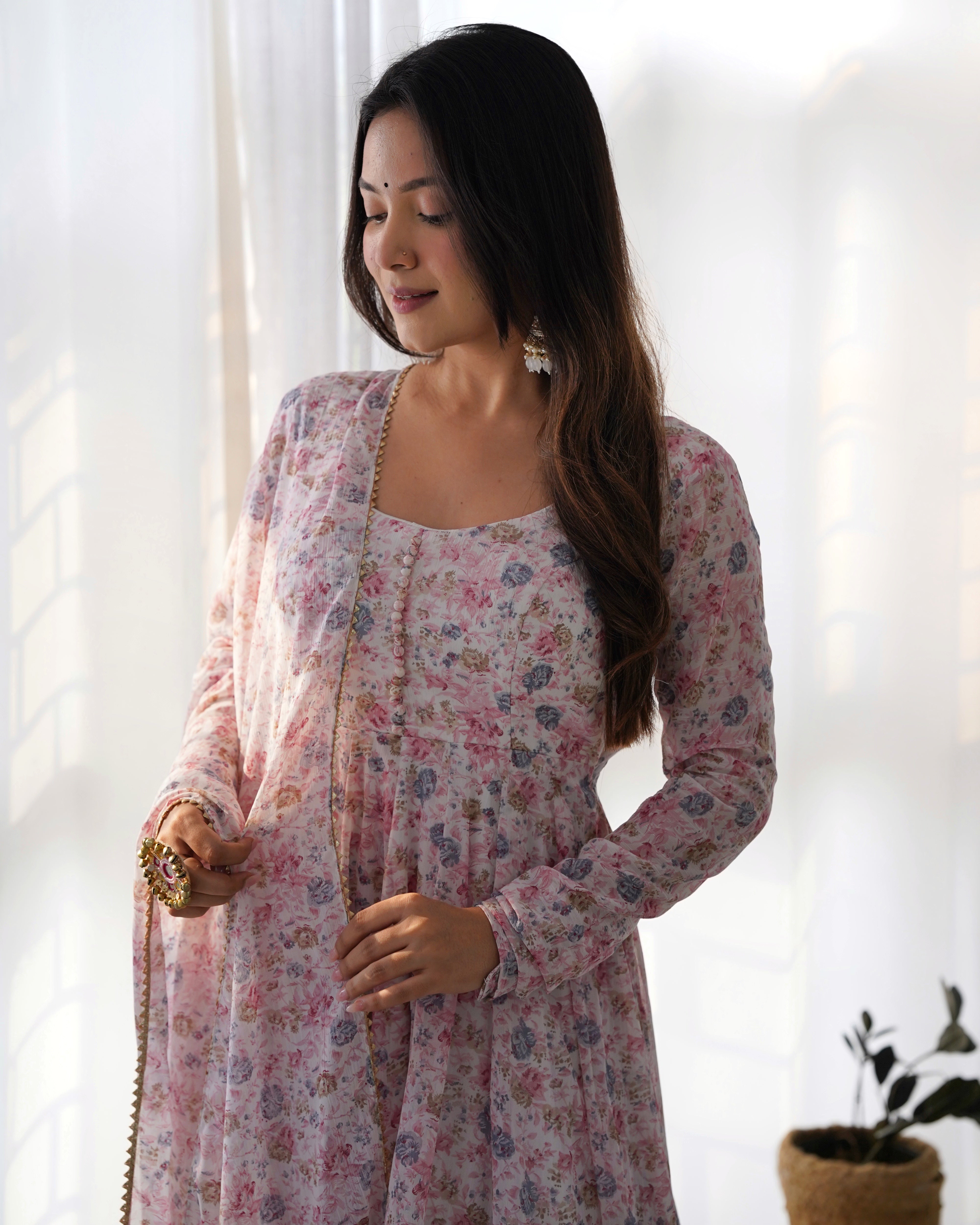 Pure Orange Chiffon Floral Print Fabric Fully Flair Anarkali With Duppta Set