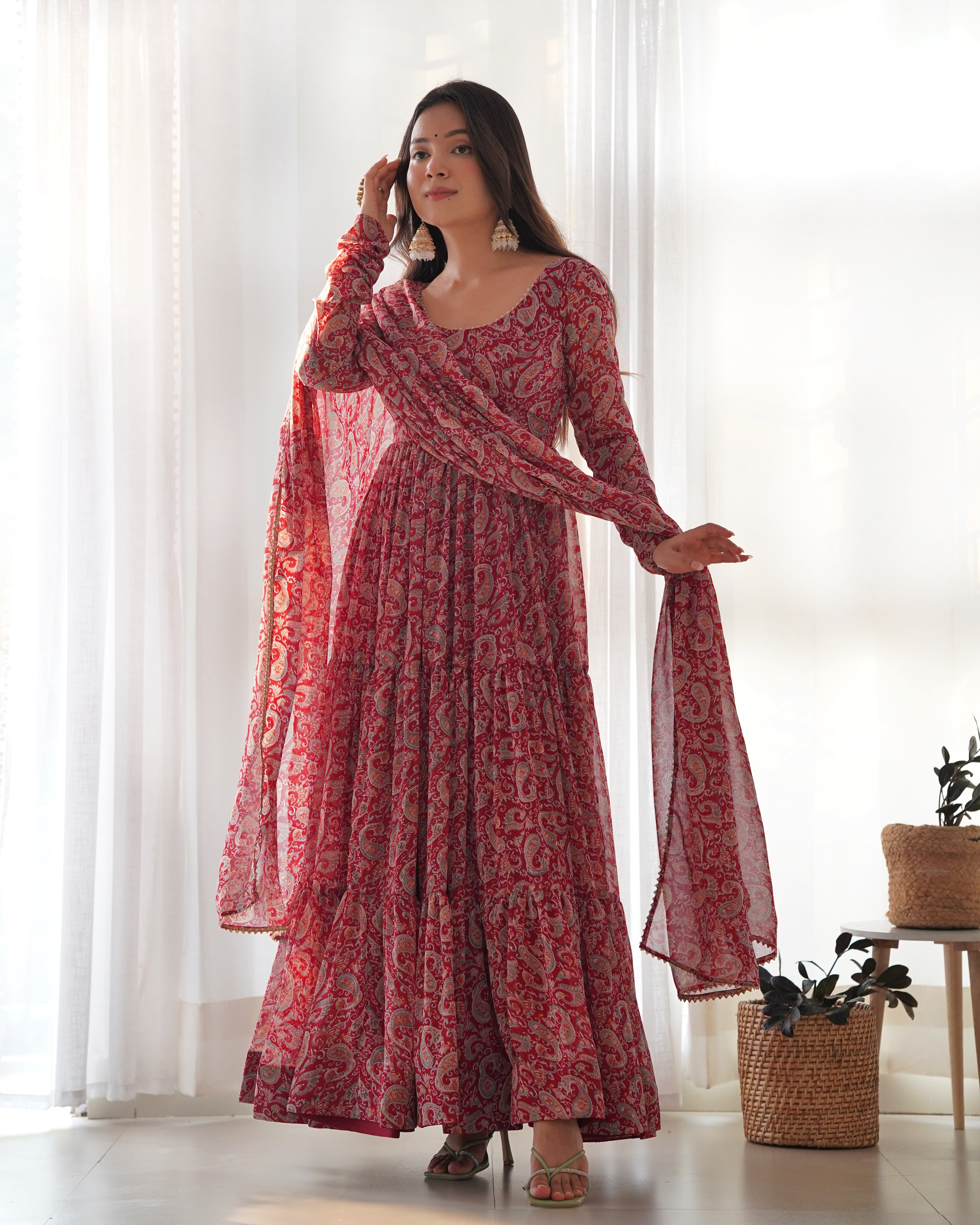Pure Soft Maroon Chiffon Flair Gown And Dupatta With Pent Set.