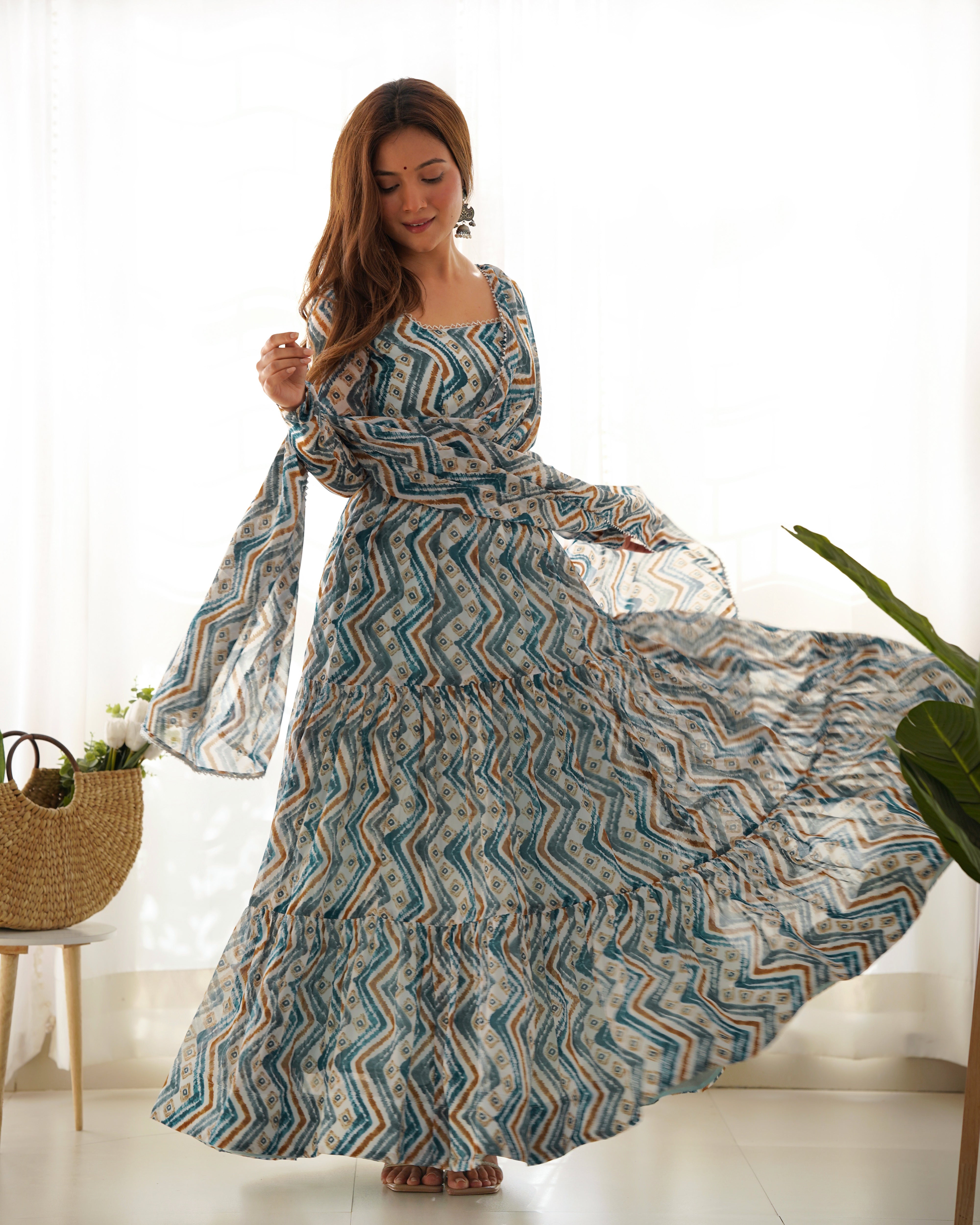 Pure Soft Fox Georgette Zigzag Print Fabric Flair Anarkali,with Duppta Set