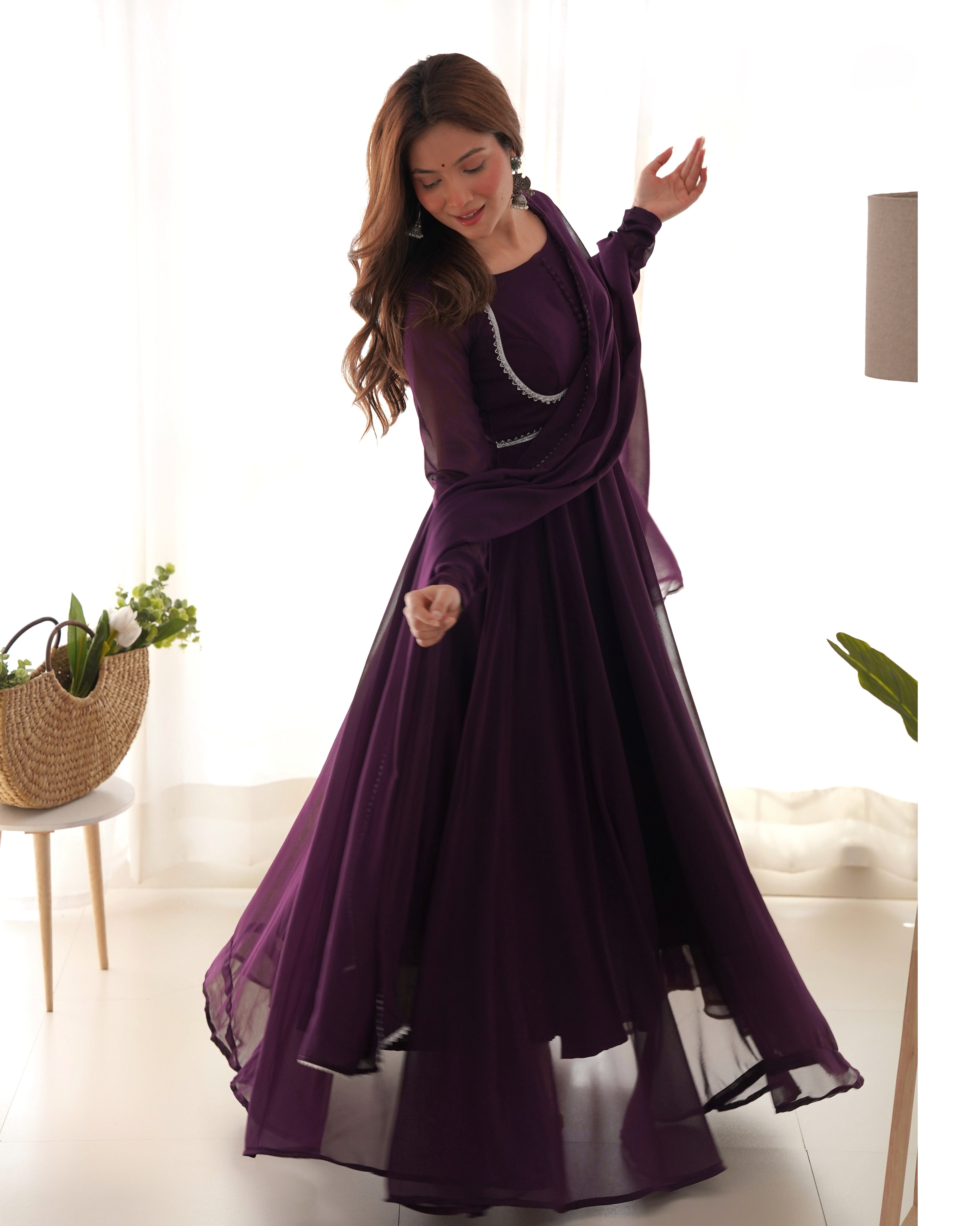 Pure Soft Lightweight Chiffon Fully Flair Gown And Dupatta With Pent Set.