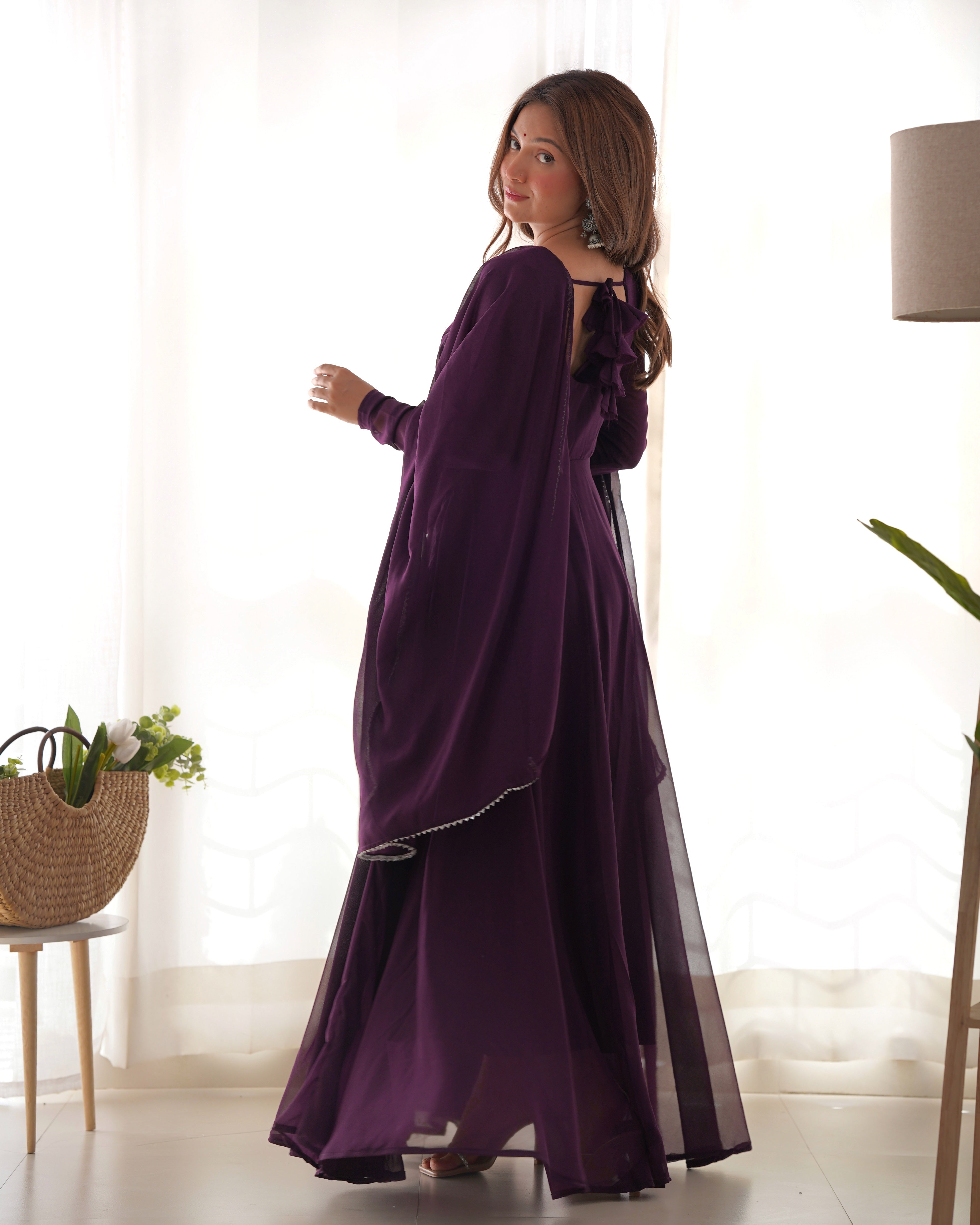 Pure Soft Lightweight Chiffon Fully Flair Gown And Dupatta With Pent Set.