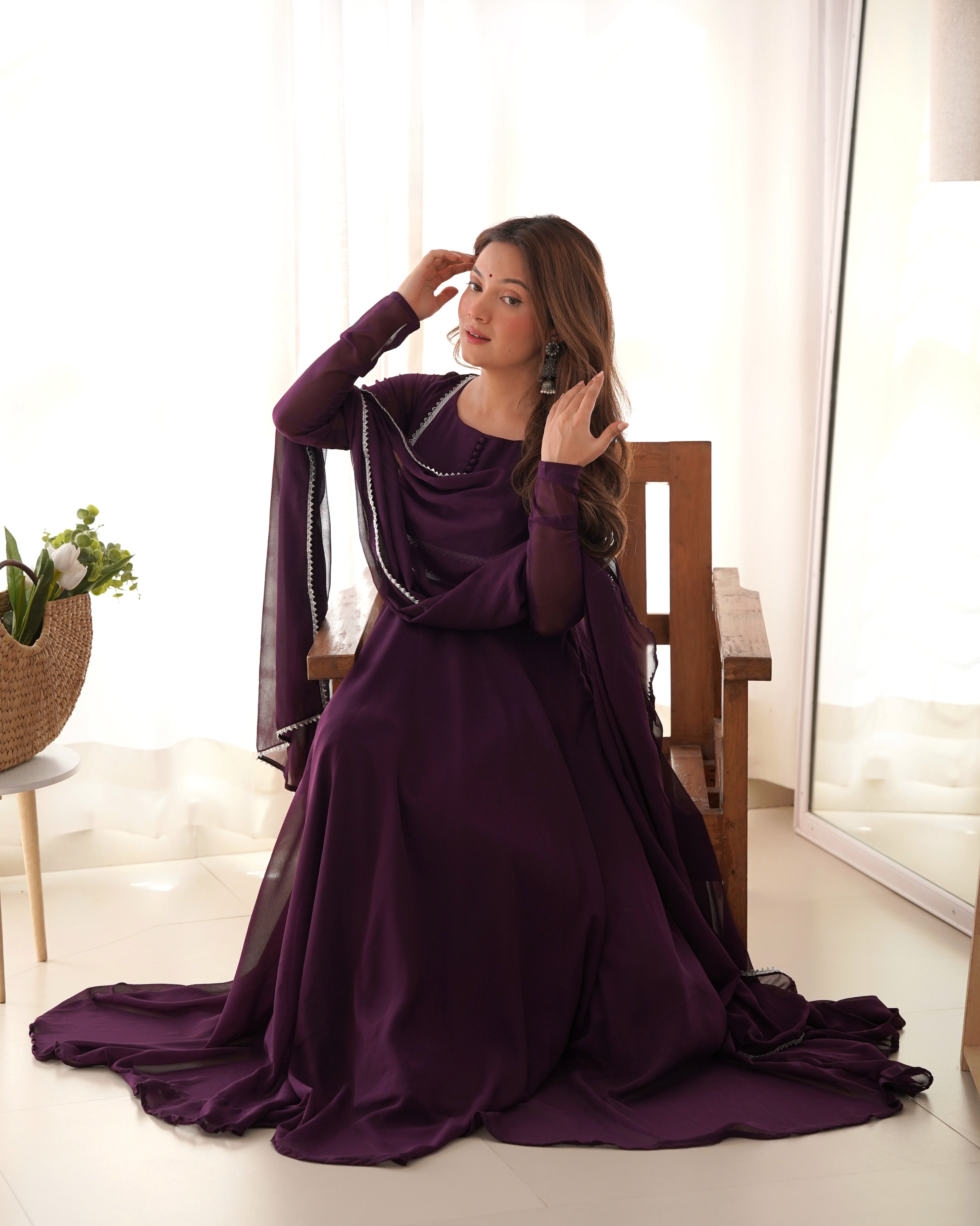 Pure Soft Lightweight Chiffon Fully Flair Gown And Dupatta With Pent Set.