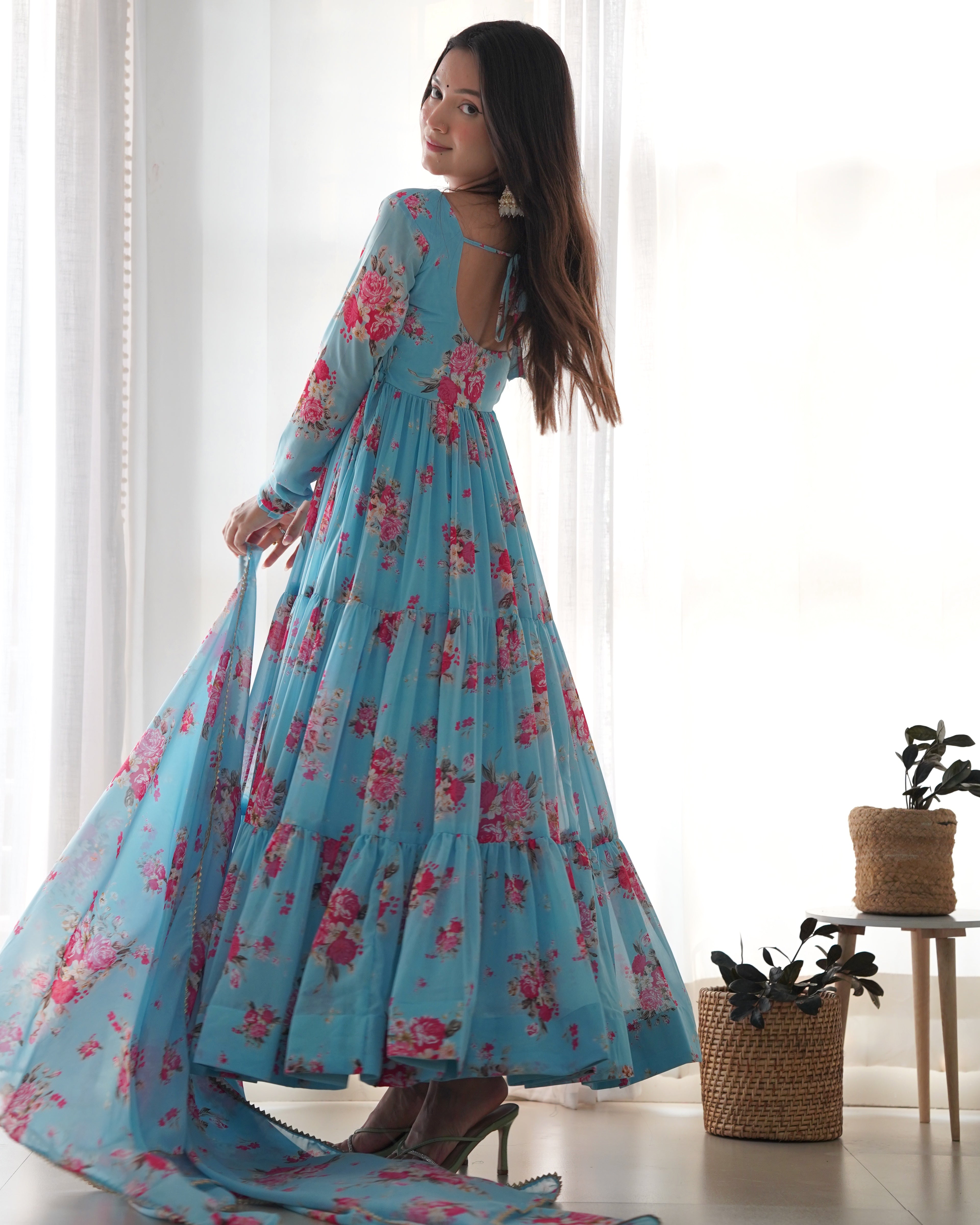 Colorful Kamalkari Pure Soft Fox Georgette Floral Print Full Flair Anarkali with Dupatta & Pant Set