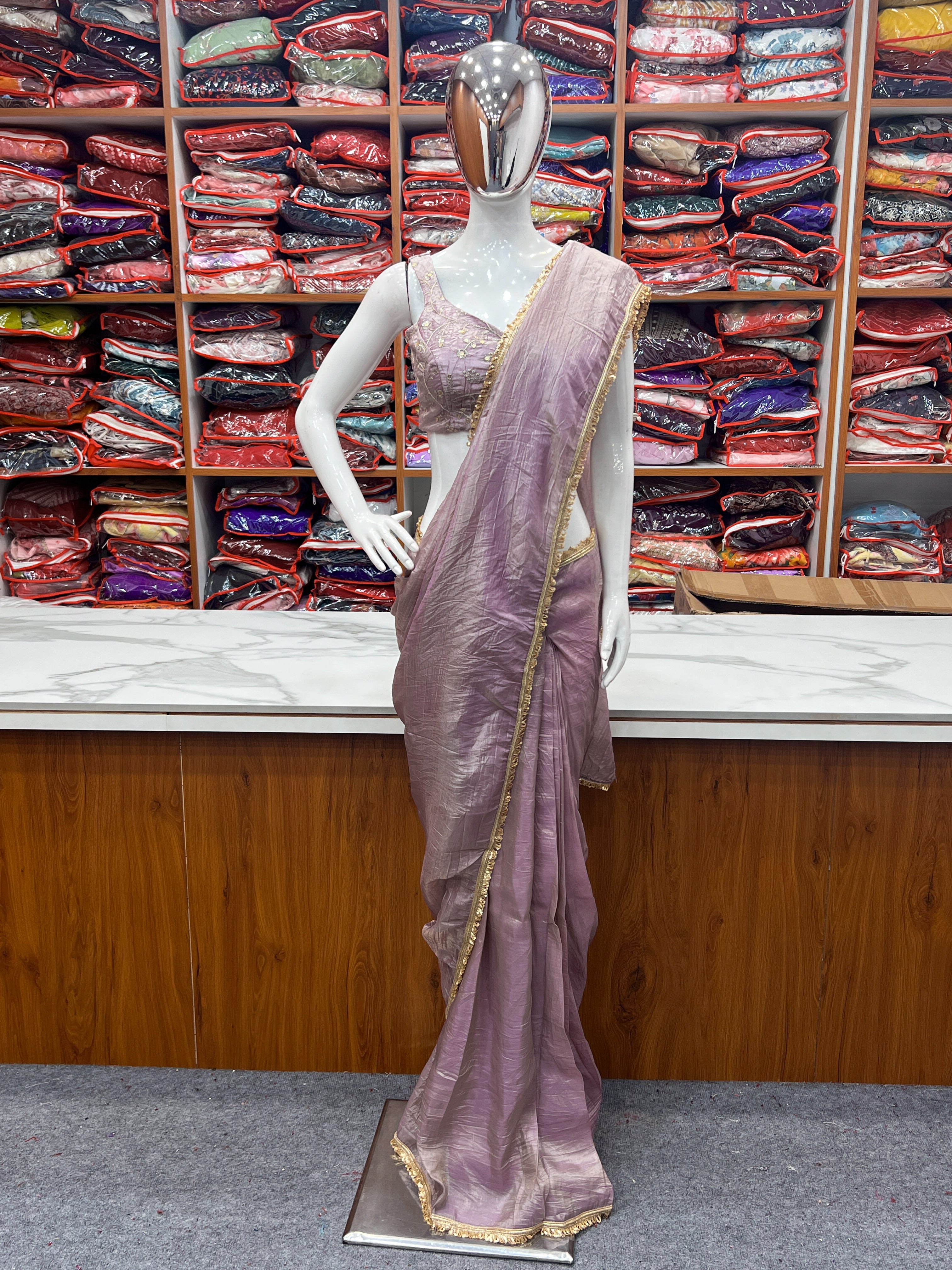 Premium Gold Crush Mauve Tissue Silk Saree Ready to Wear for Weddings & Festivities with Stitched Blouse