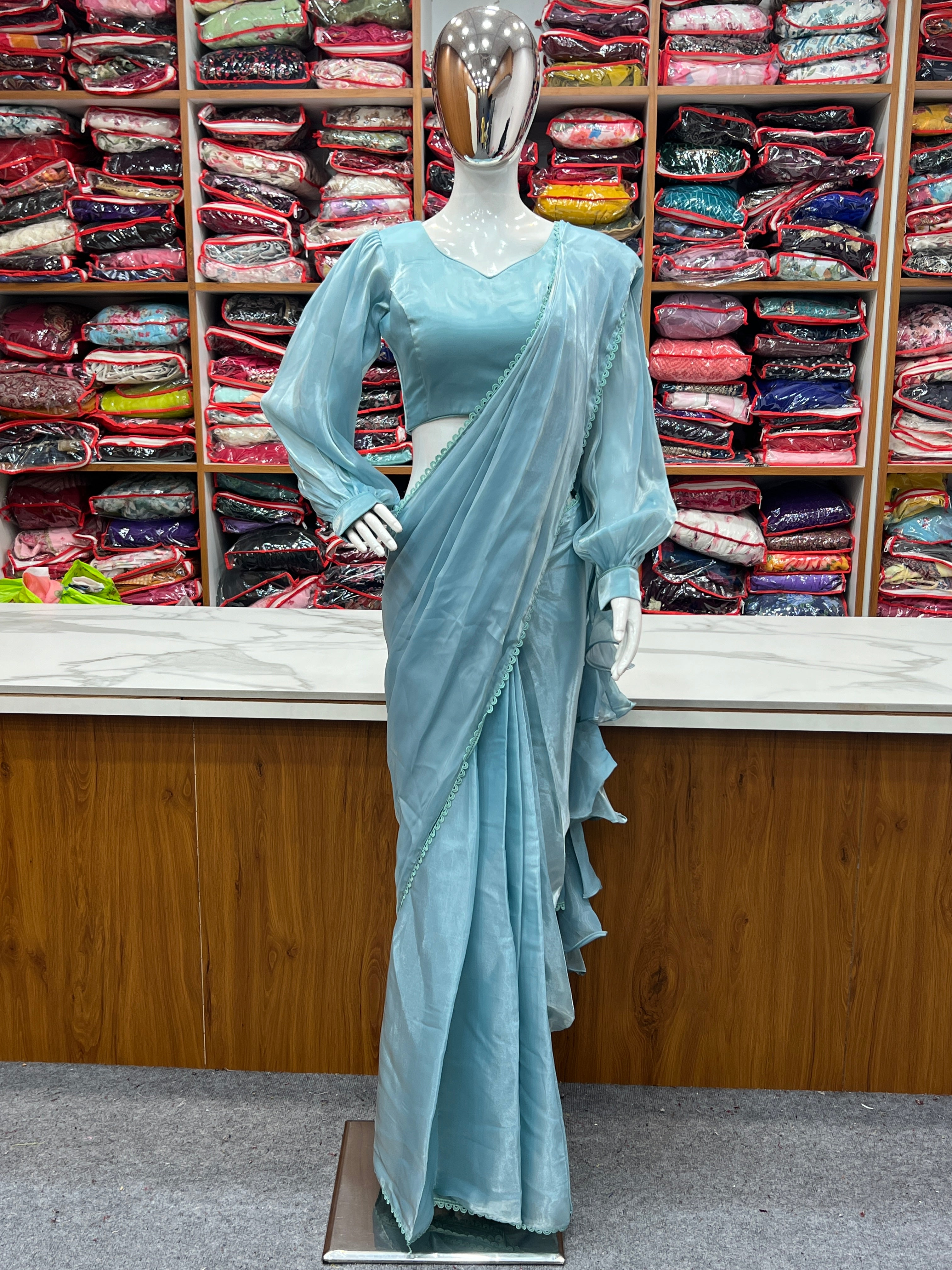 Latest Collection Of Ready To Wear LightBlue Saree With Premium Quality Organja Saree