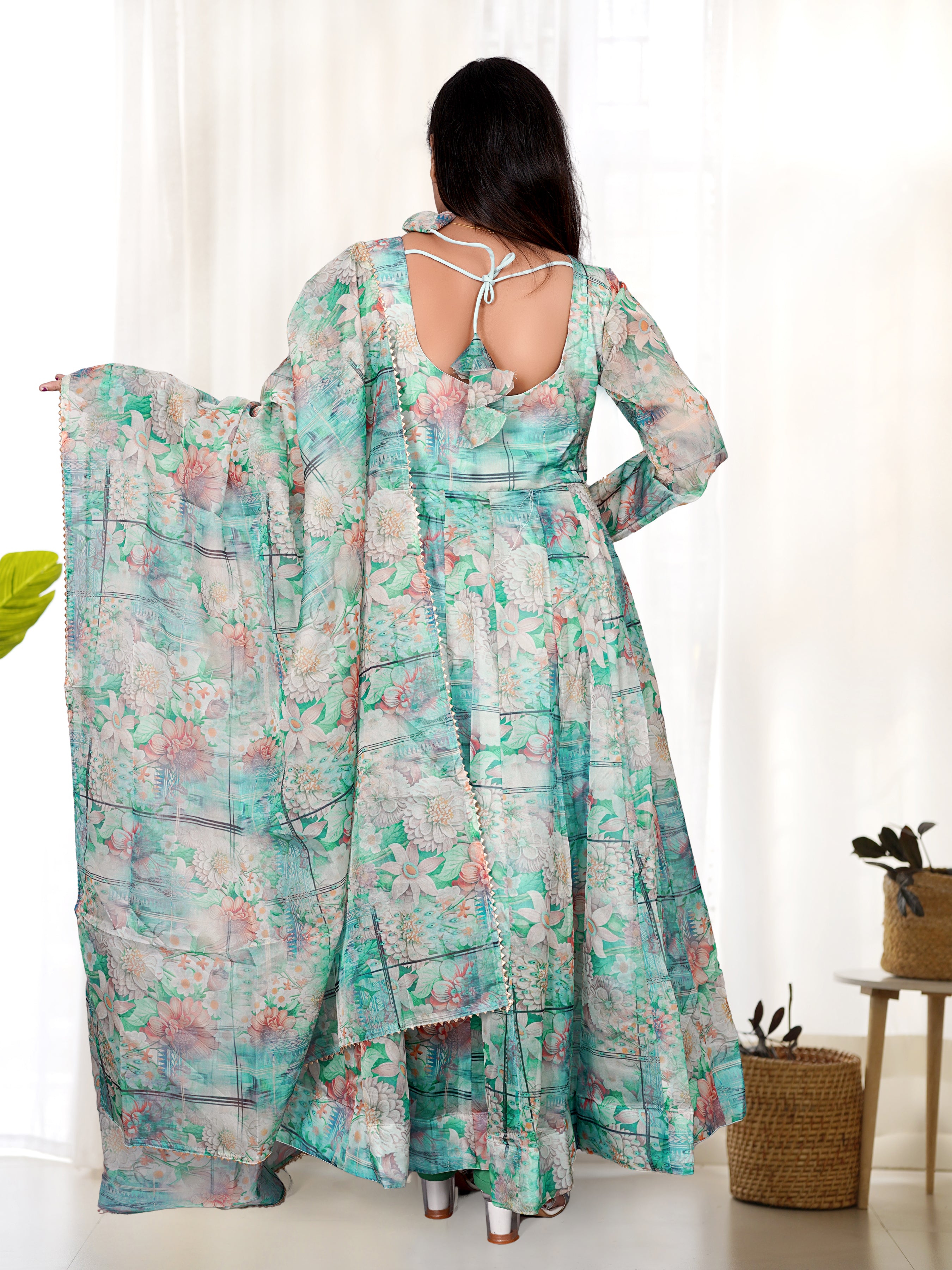 Georgette Multi Flower Print Stitched Anarkali Gown Kurta With Duppta Set.