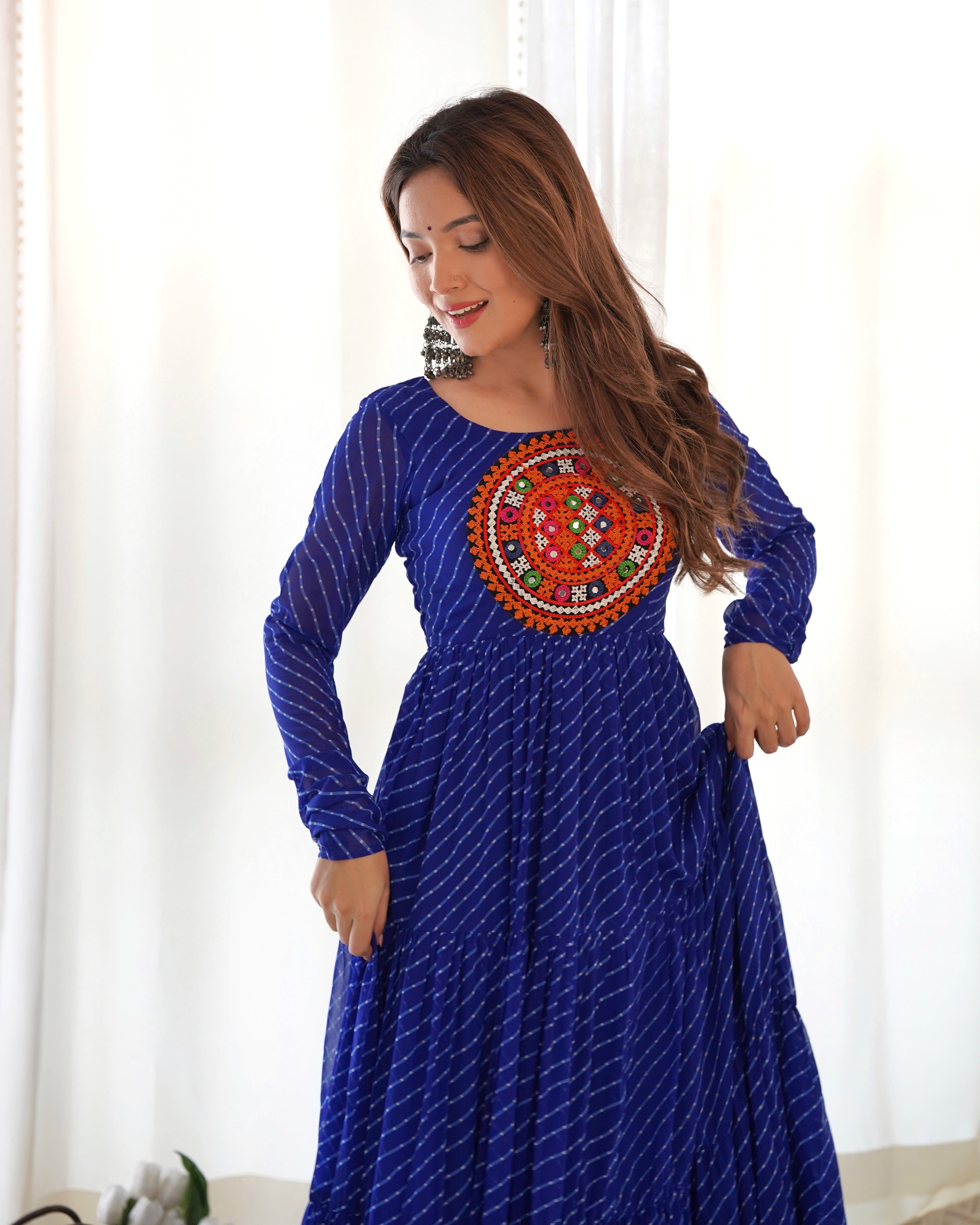 Pure Soft Fox Georgette Laheriya Print Fabric Flair Anarkali Sttiched Gown Ready To Wear.