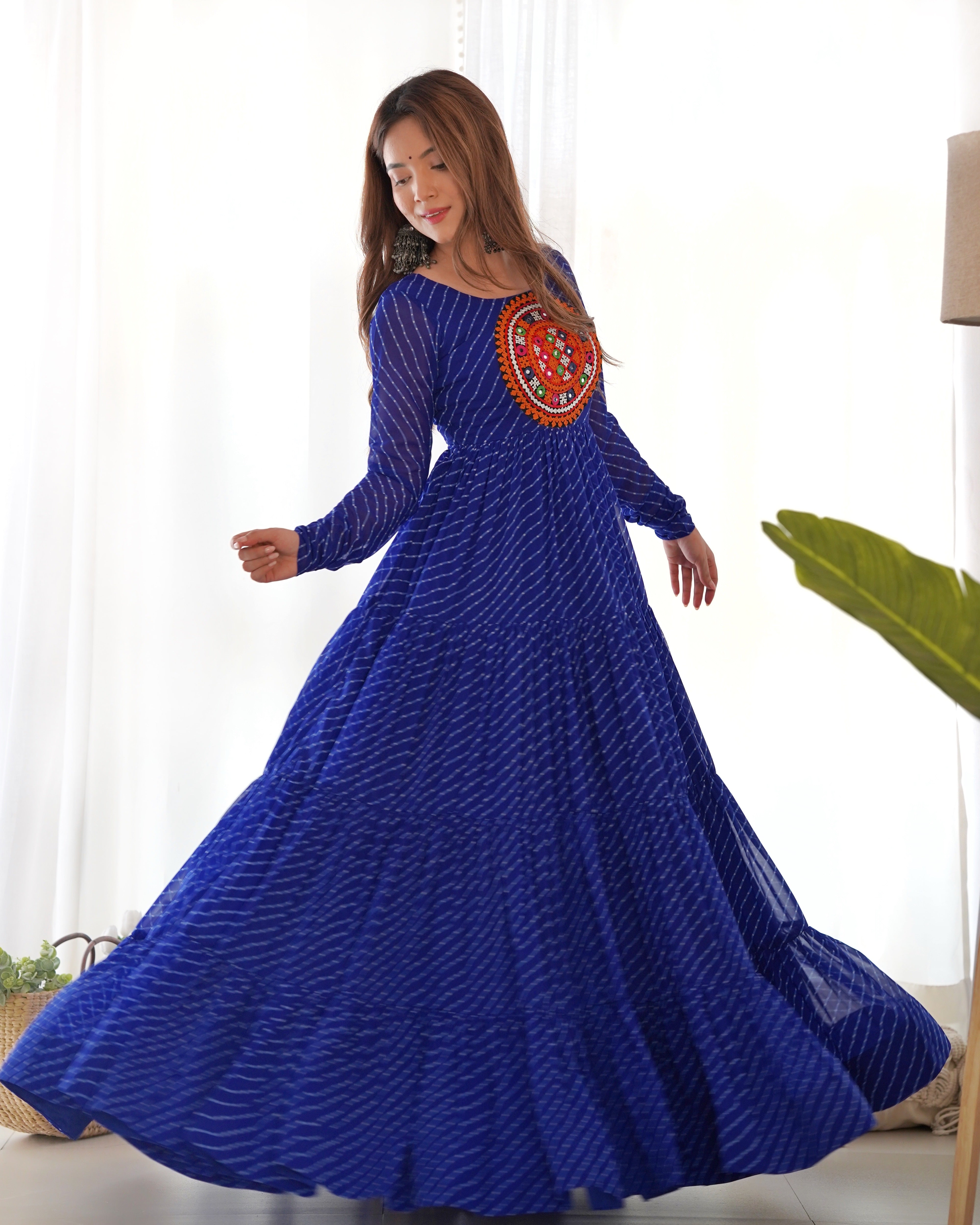 Pure Soft Fox Georgette Laheriya Print Fabric Flair Anarkali Sttiched Gown Ready To Wear.