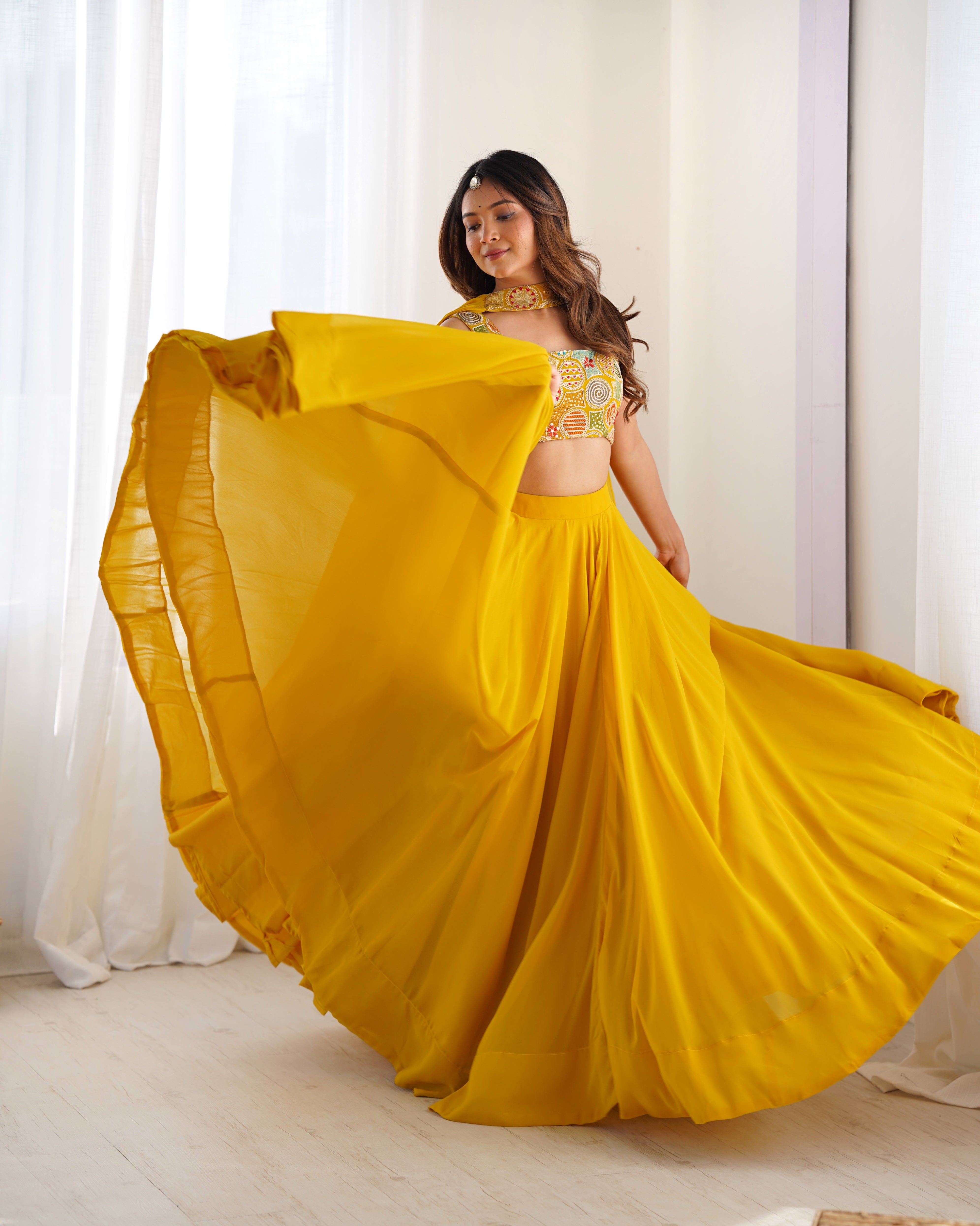 Elegant Yellow Georgette Lehenga Choli Set with Fancy Blouse & Dupatta