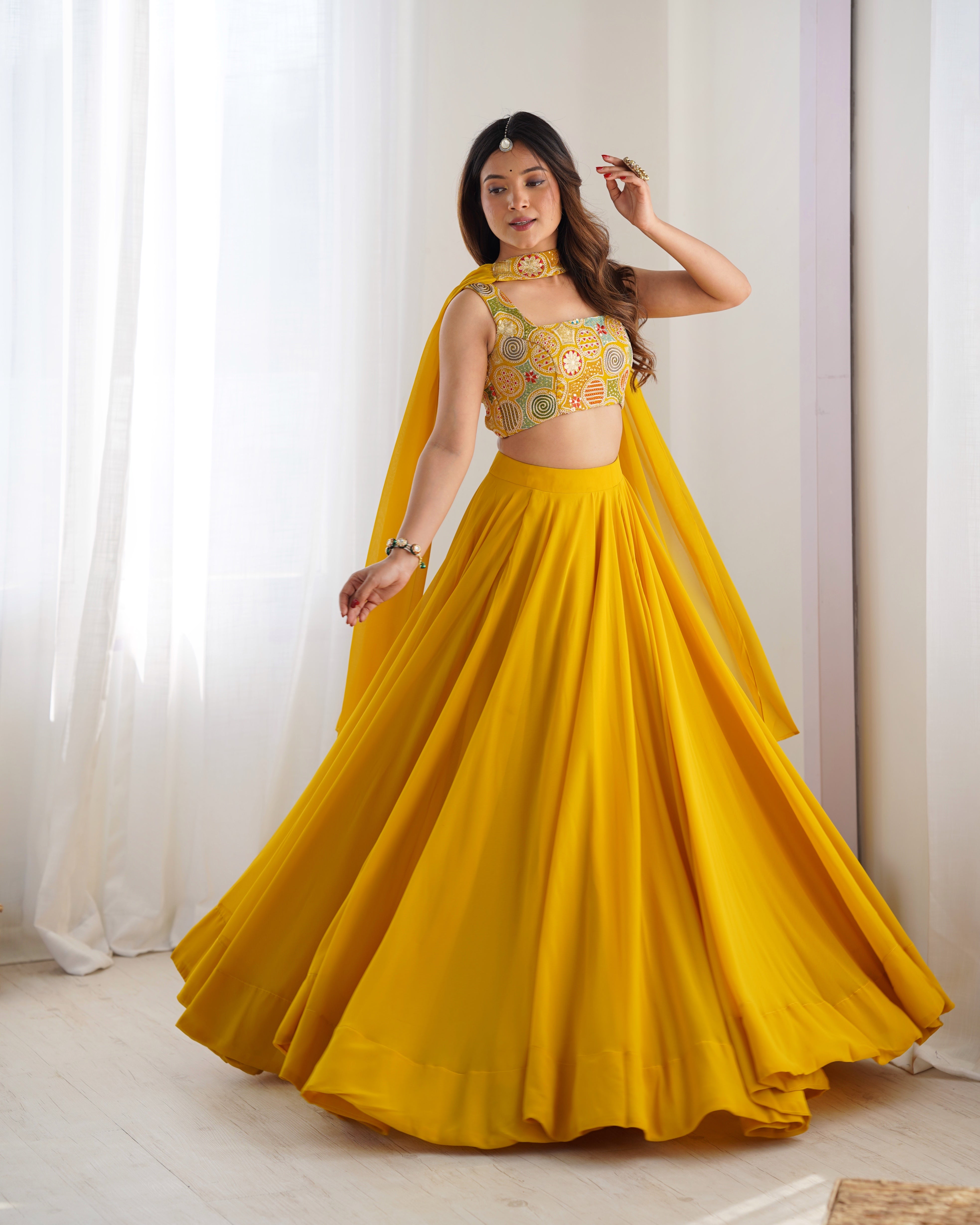 Elegant Yellow Georgette Lehenga Choli Set with Fancy Blouse & Dupatta