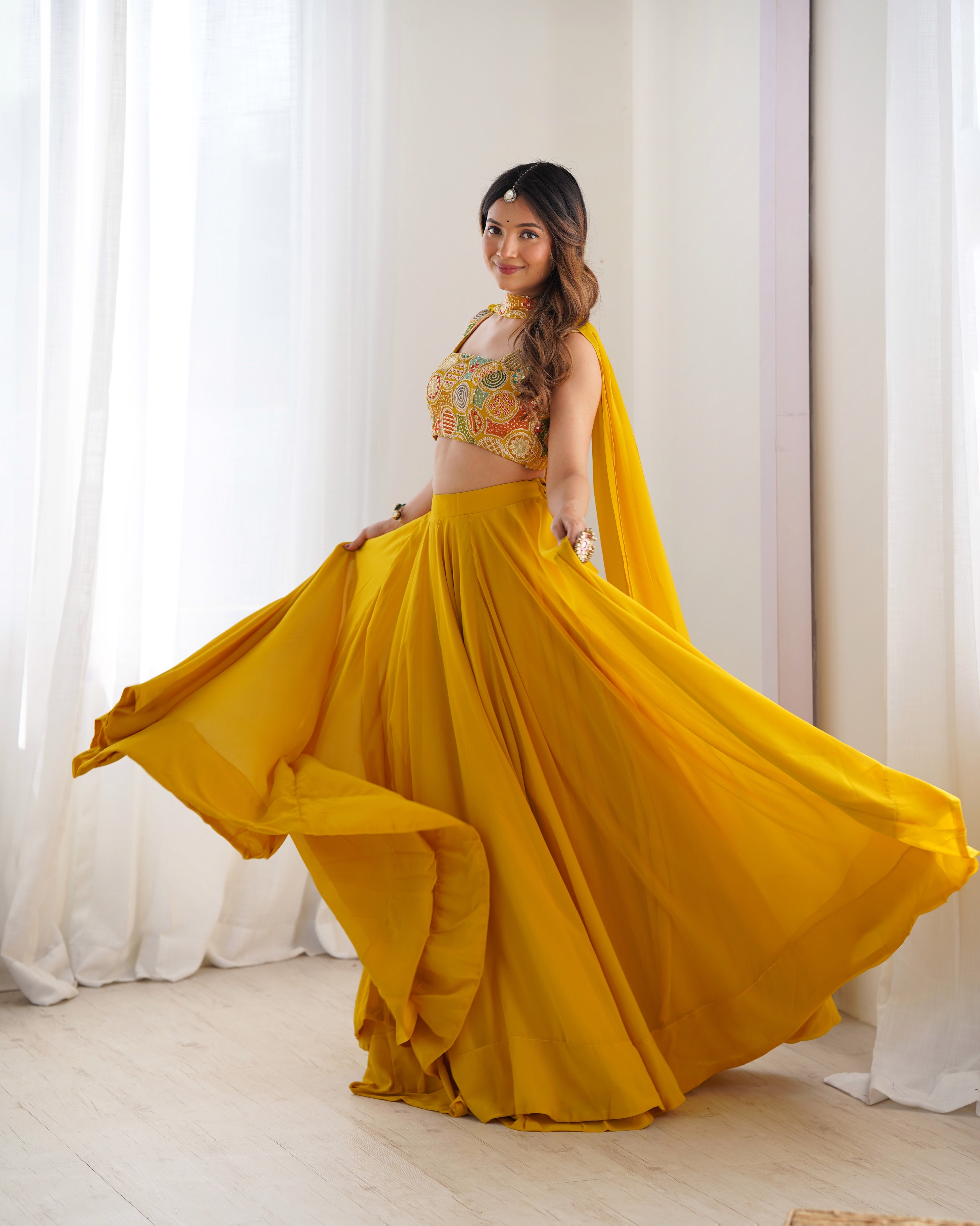 Elegant Yellow Georgette Lehenga Choli Set with Fancy Blouse & Dupatta