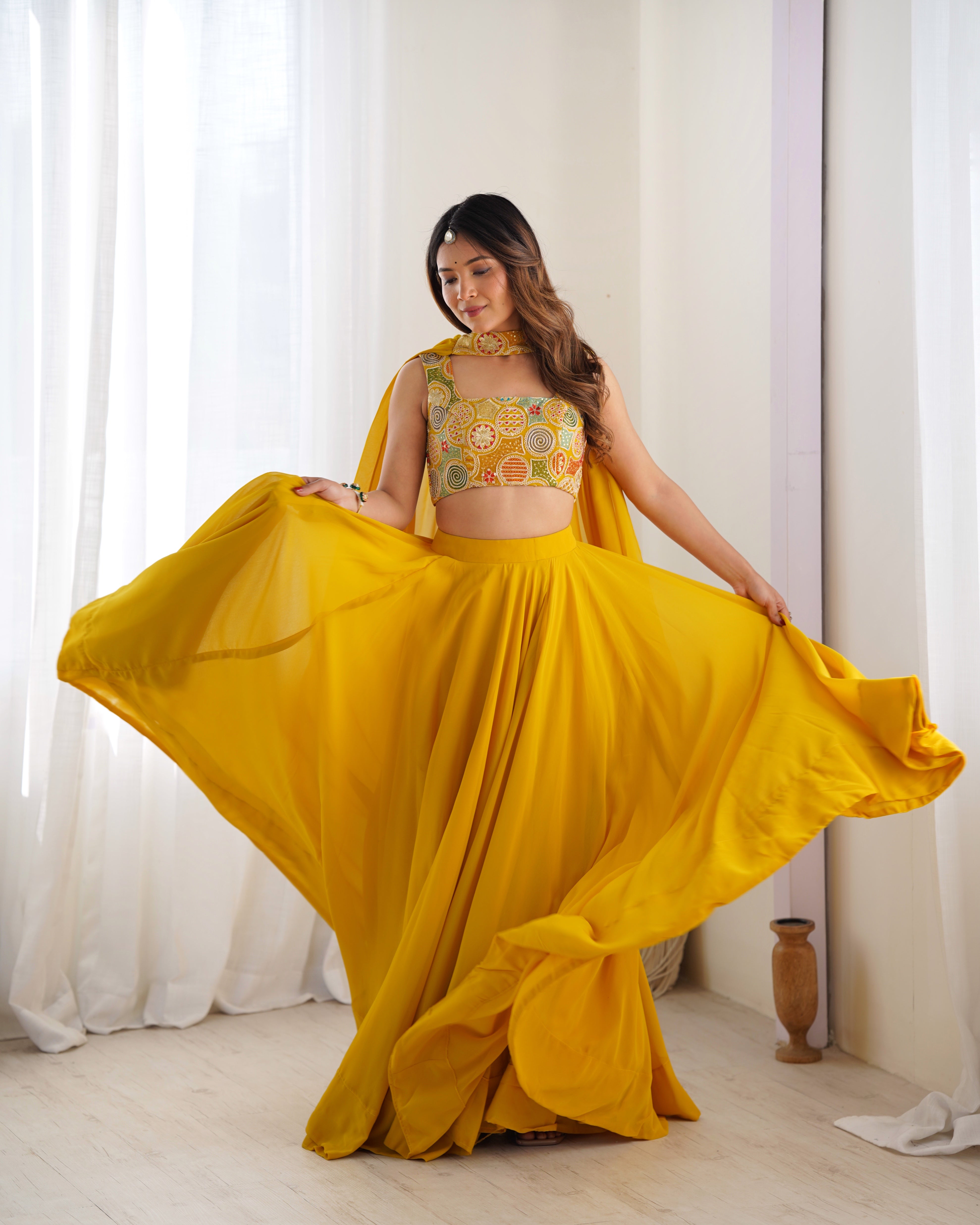 Elegant Yellow Georgette Lehenga Choli Set with Fancy Blouse & Dupatta