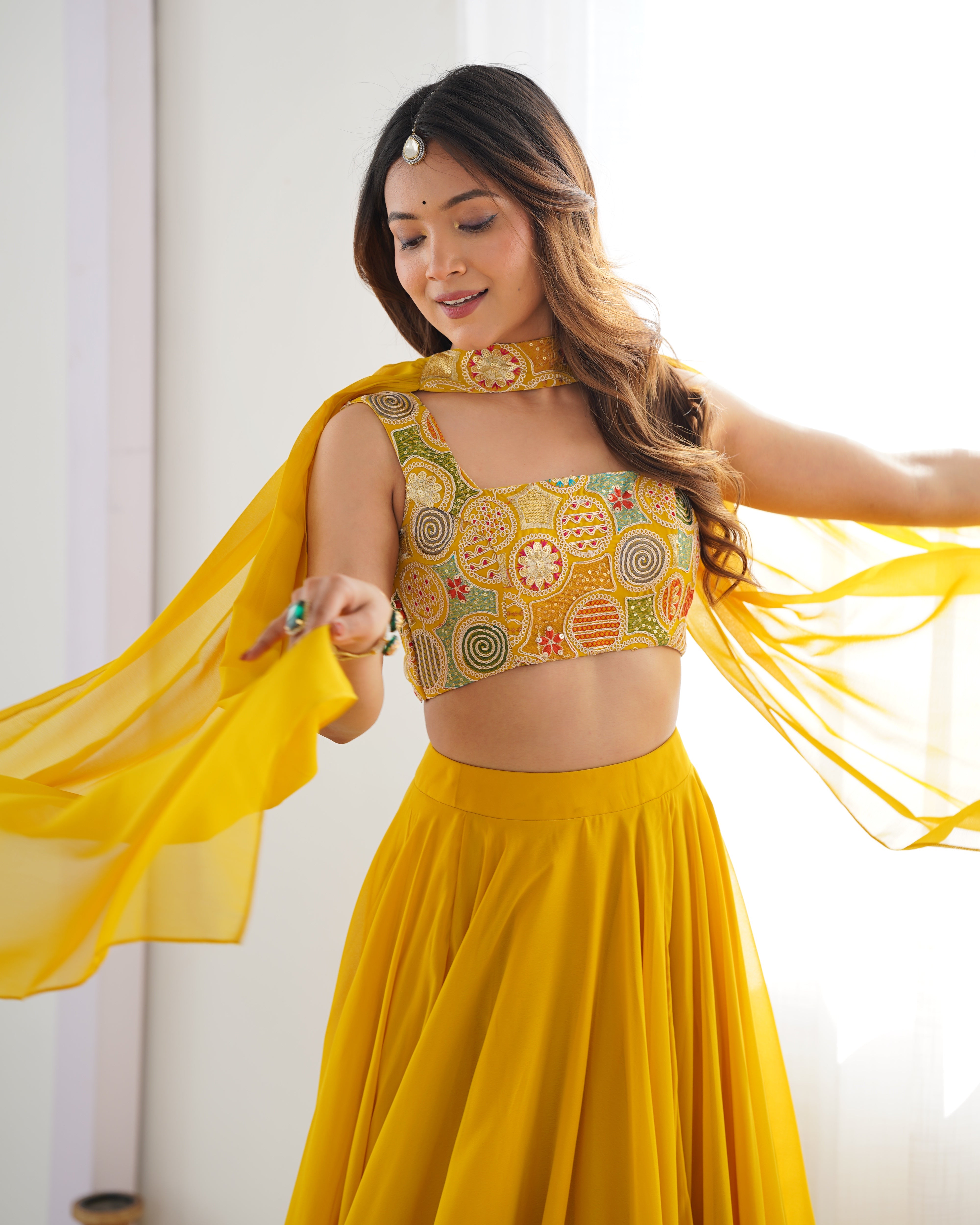 Elegant Yellow Georgette Lehenga Choli Set with Fancy Blouse & Dupatta