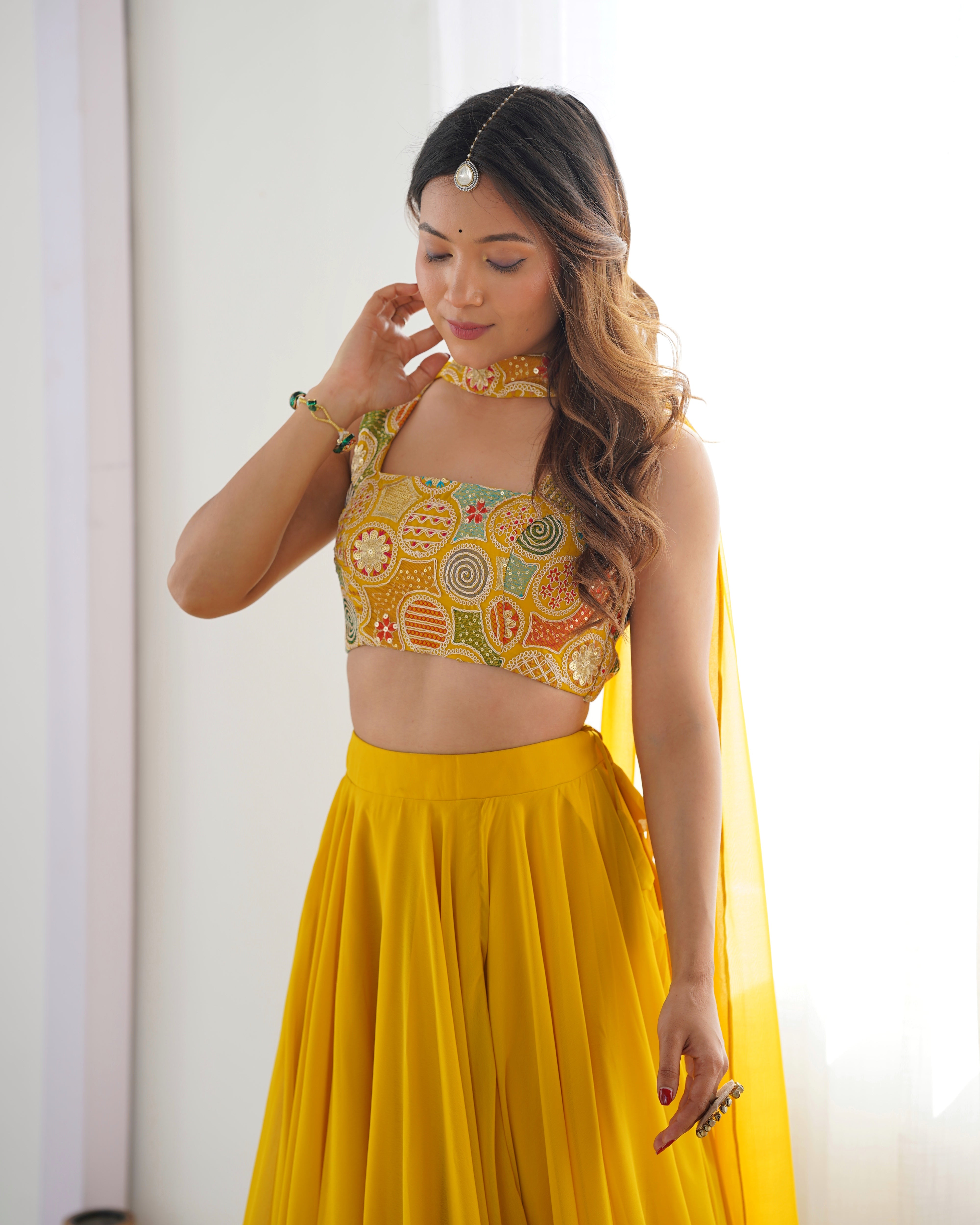 Elegant Yellow Georgette Lehenga Choli Set with Fancy Blouse & Dupatta