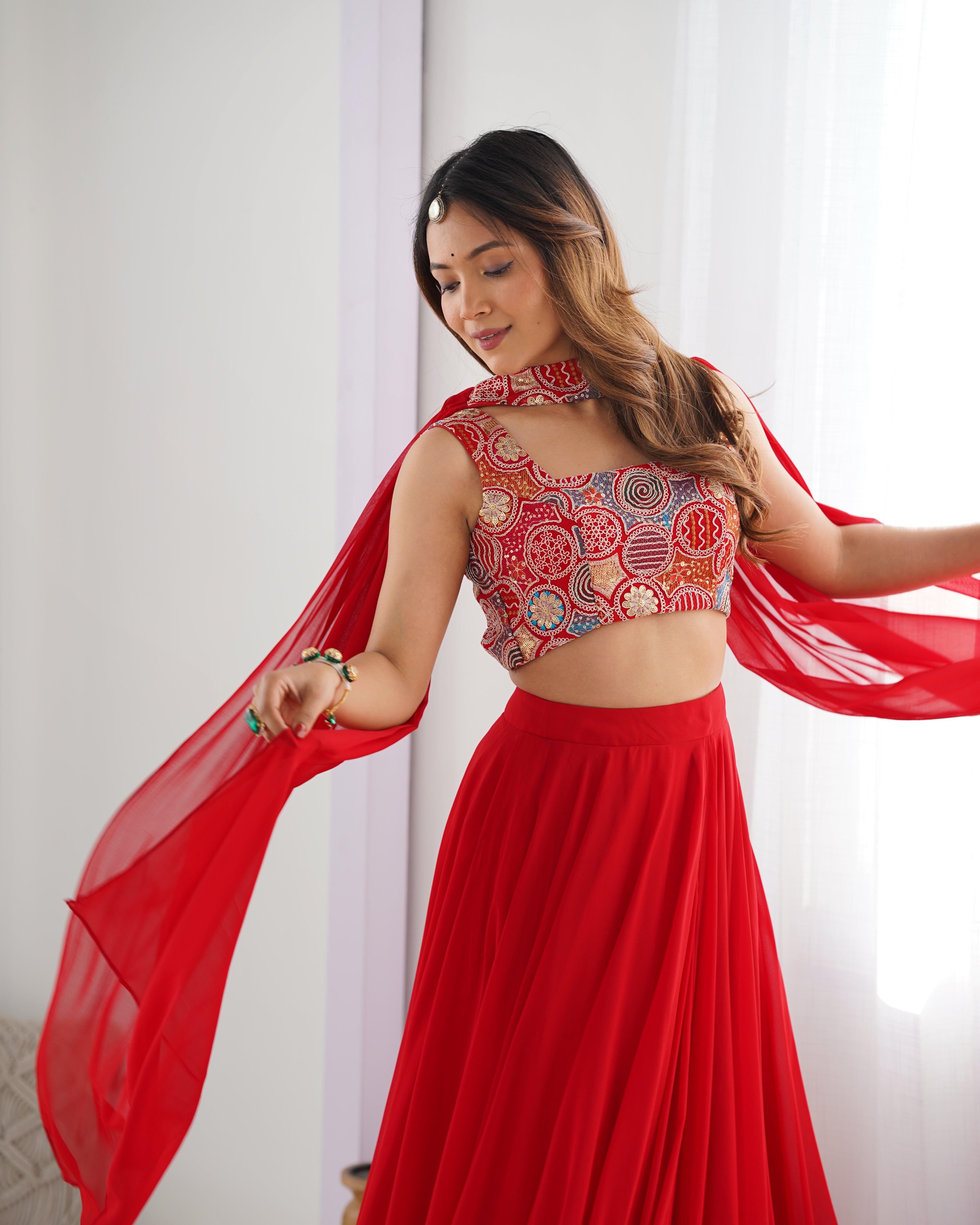 Elegant Red Georgette Lehenga Choli Set with Fancy Blouse & Dupatta