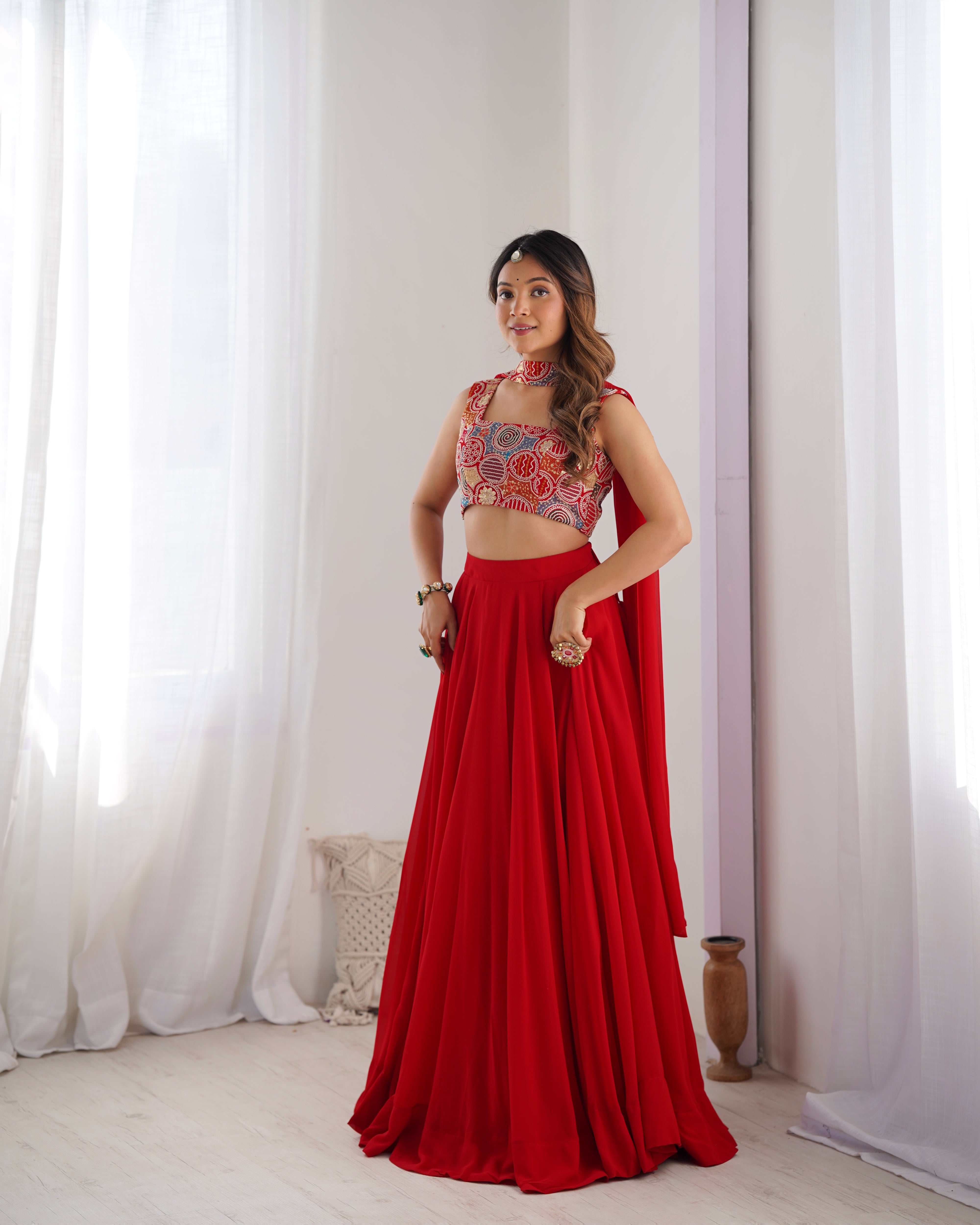 Elegant Red Georgette Lehenga Choli Set with Fancy Blouse & Dupatta