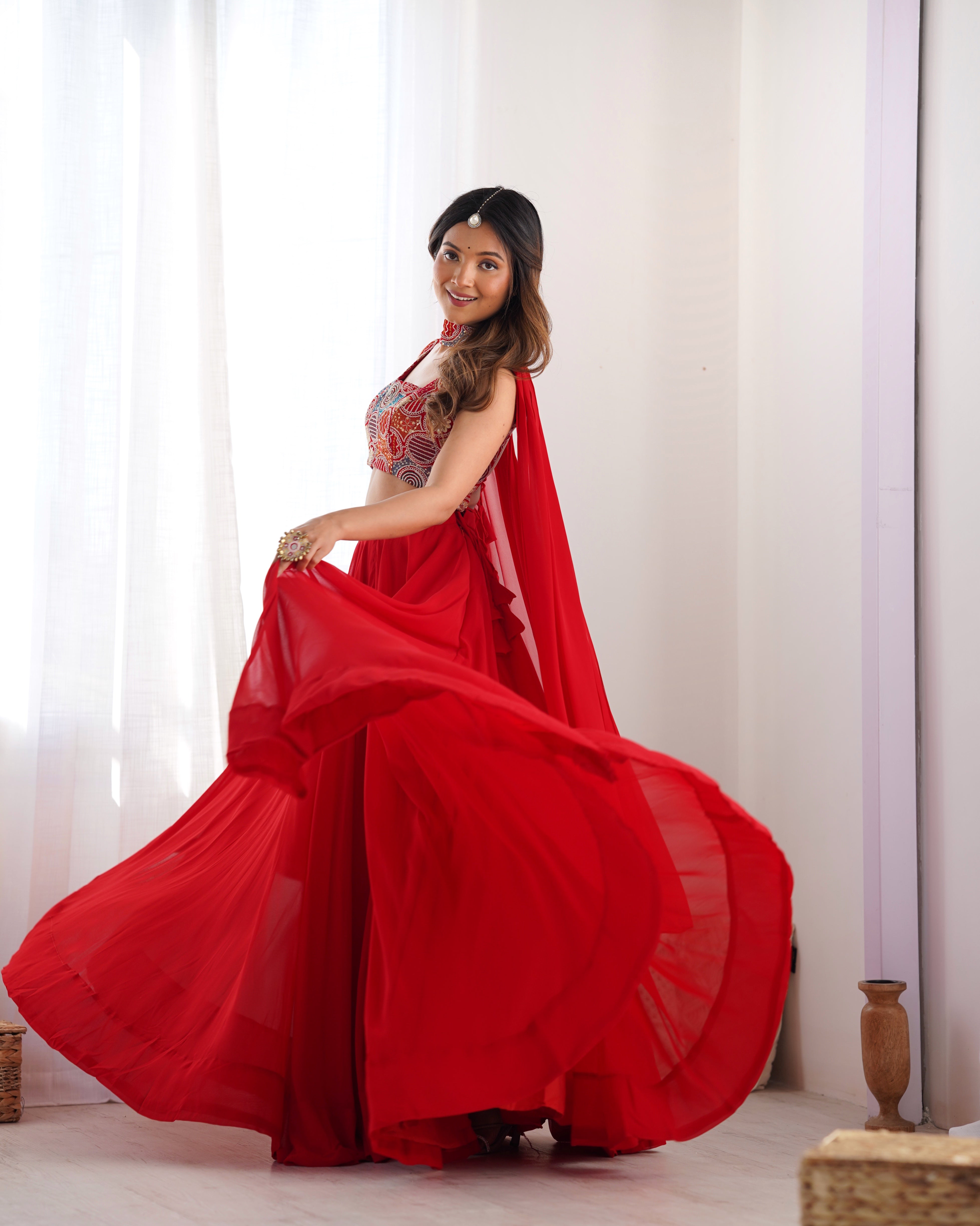 Elegant Red Georgette Lehenga Choli Set with Fancy Blouse & Dupatta