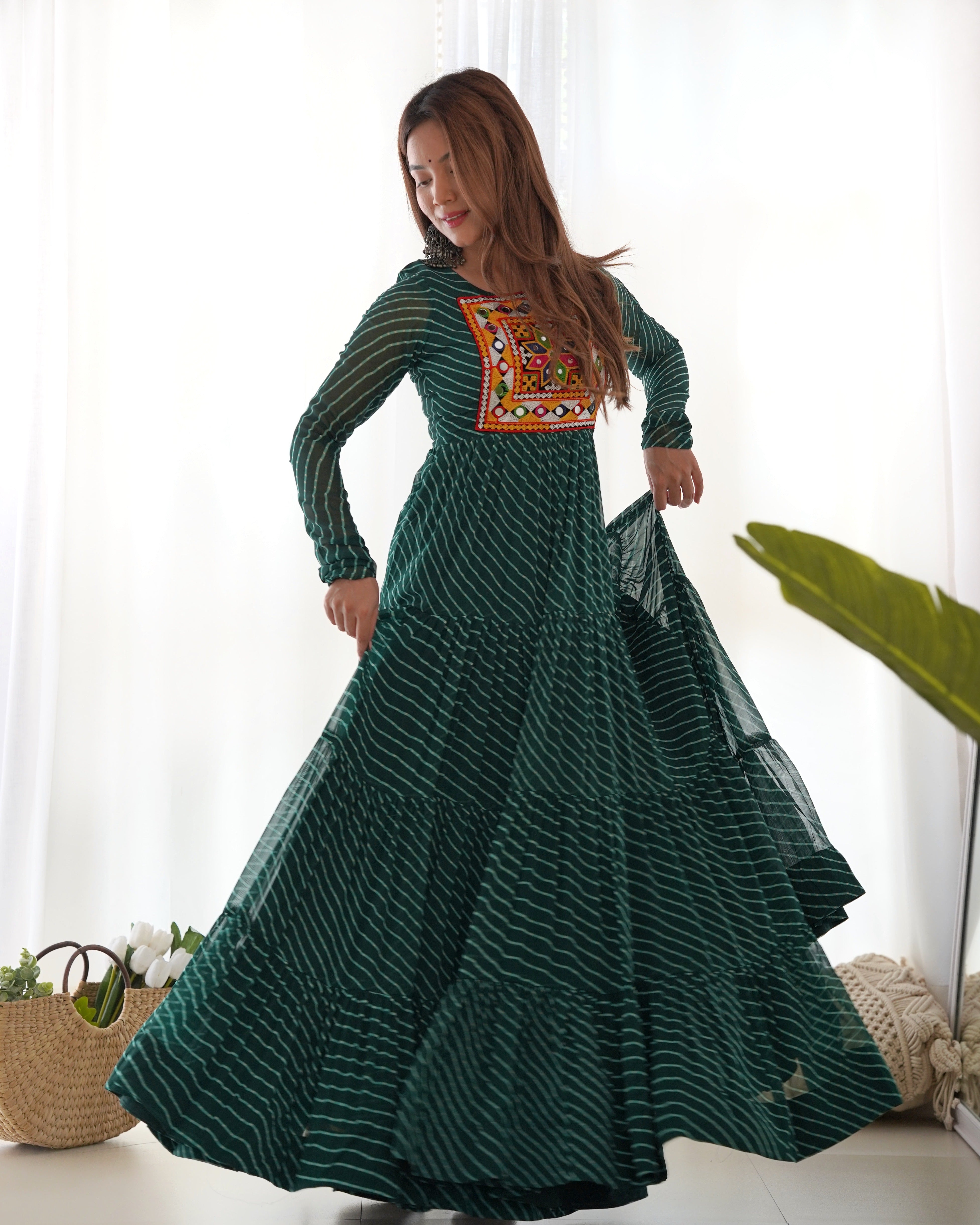 Pure Soft Fox Georgette Laheriya Print Fabric Flair Anarkali Sttiched Gown Ready To Wear.